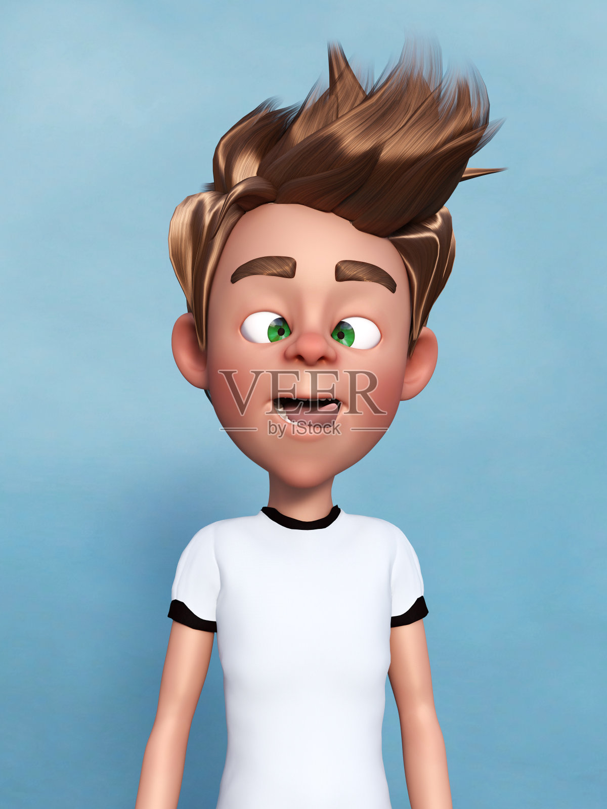 一个做鬼脸的卡通男孩的3D渲染。照片摄影图片