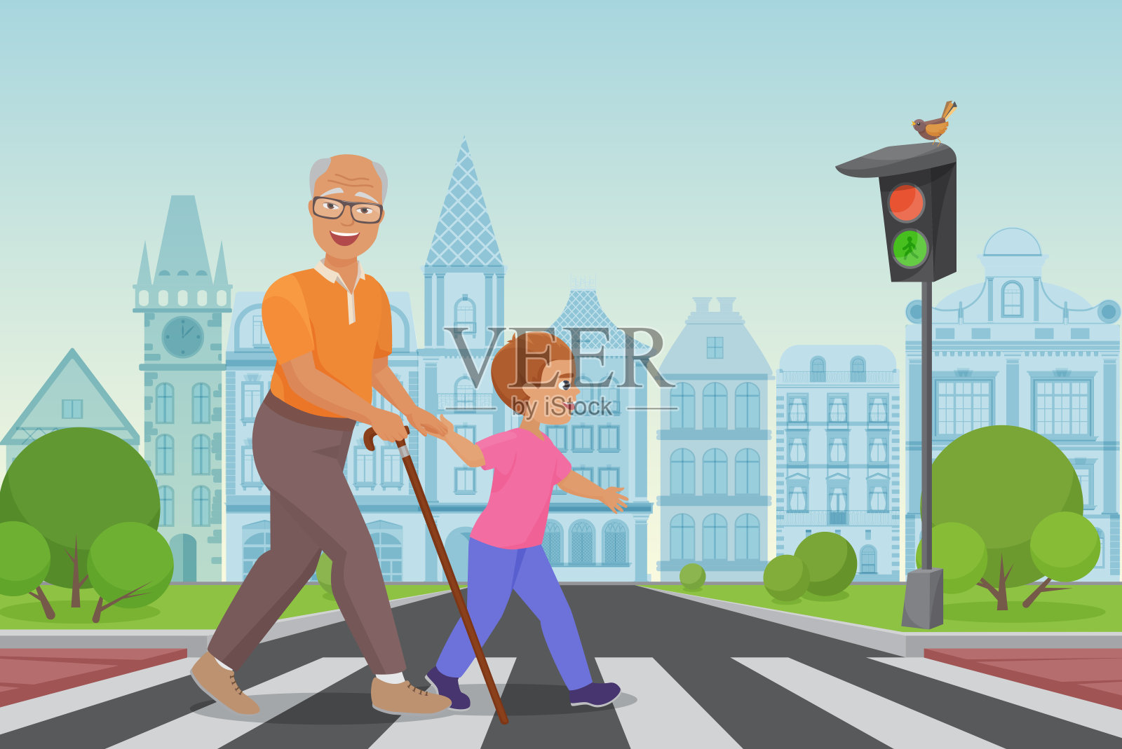 帮助年老的老人。在城市矢量图中，小男孩帮助一位老人过马路。插画图片素材