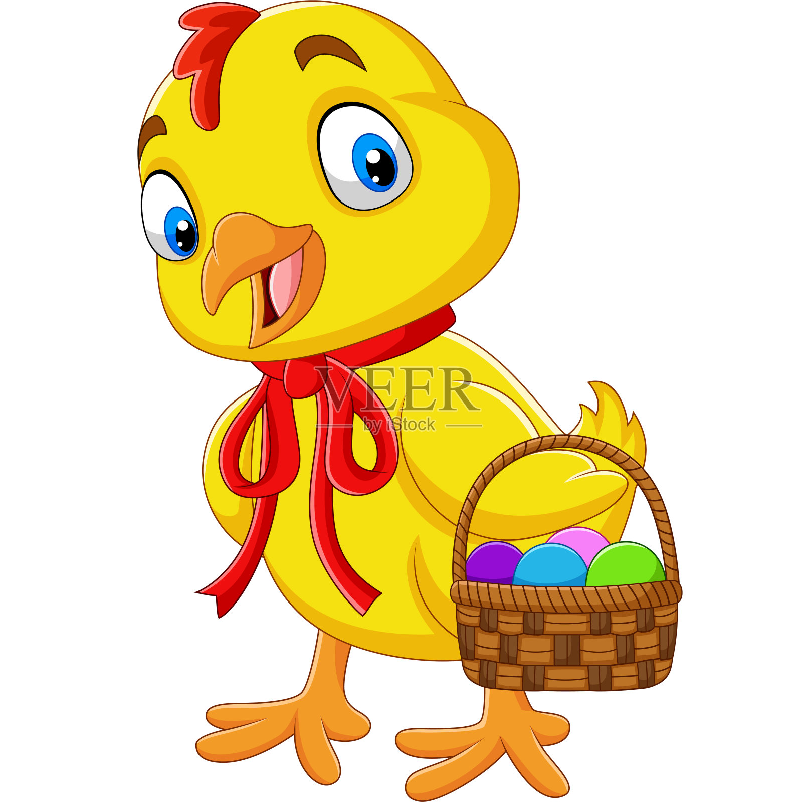 卡通小鸡抱着一篮子复活节彩蛋插画图片素材