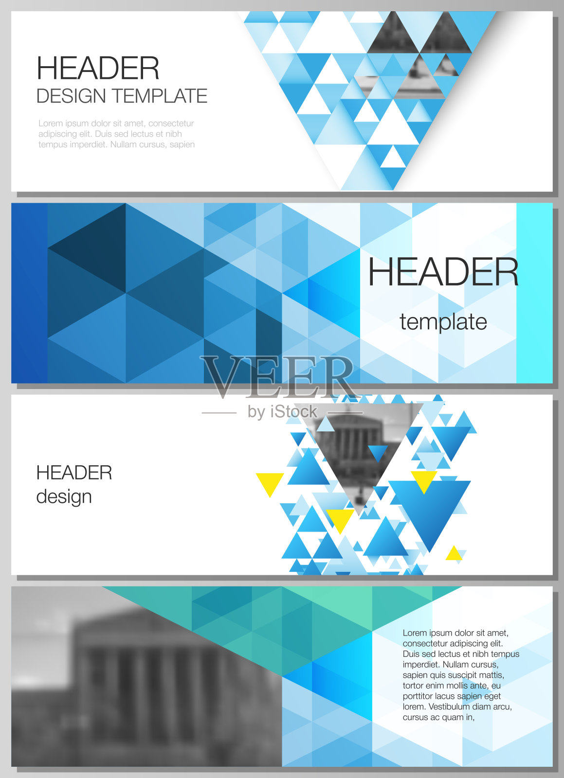 标题、横幅设计模板的可编辑布局的极简矢量插图。蓝色多边形背景与三角形，彩色马赛克图案。插画图片素材