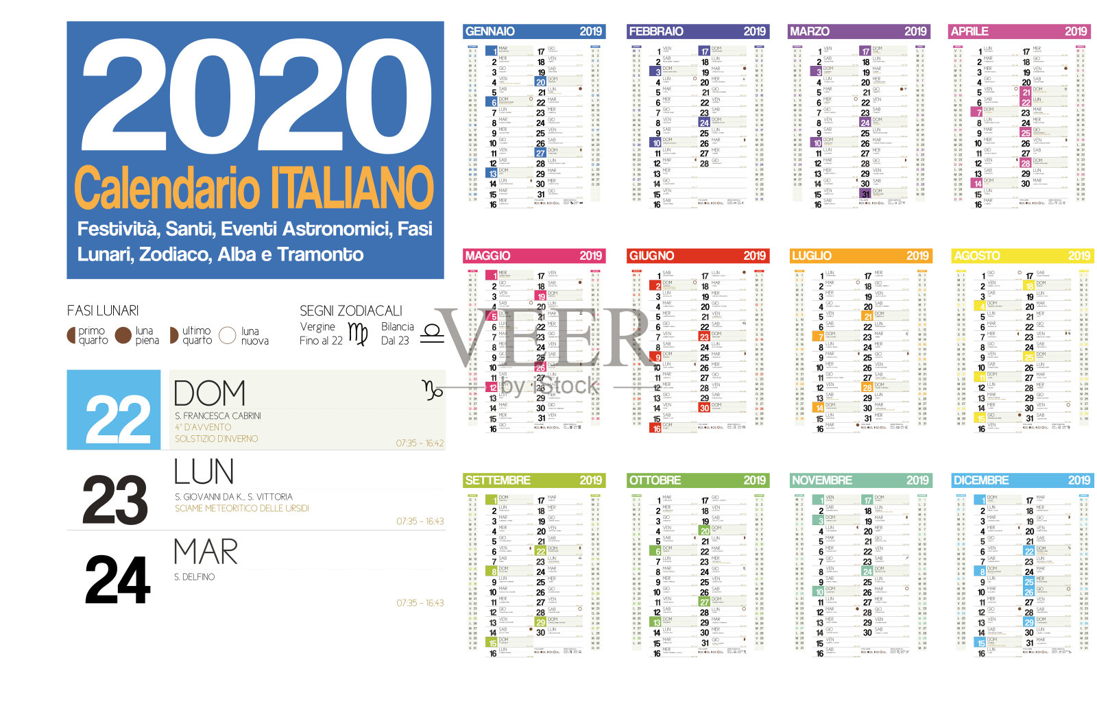 2020年意大利日历，意大利节日，黄道十二宫，圣人，月相，天文事件，日落和日出设计模板素材