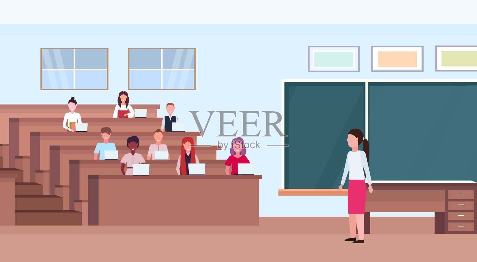 学生坐在课桌和听老师在大礼堂，报告厅，剧院室内现代大学教室与木排座位和粉笔板平水平插画图片素材
