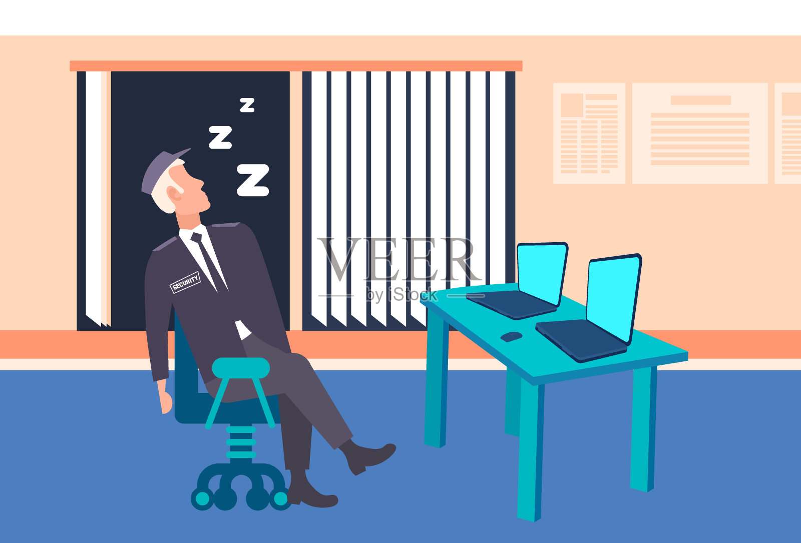 男保安工人在工作场所睡觉，穿着制服的男人坐在扶手椅上，劳累过度，疲惫的概念监视办公室内部的长度平坦水平插画图片素材