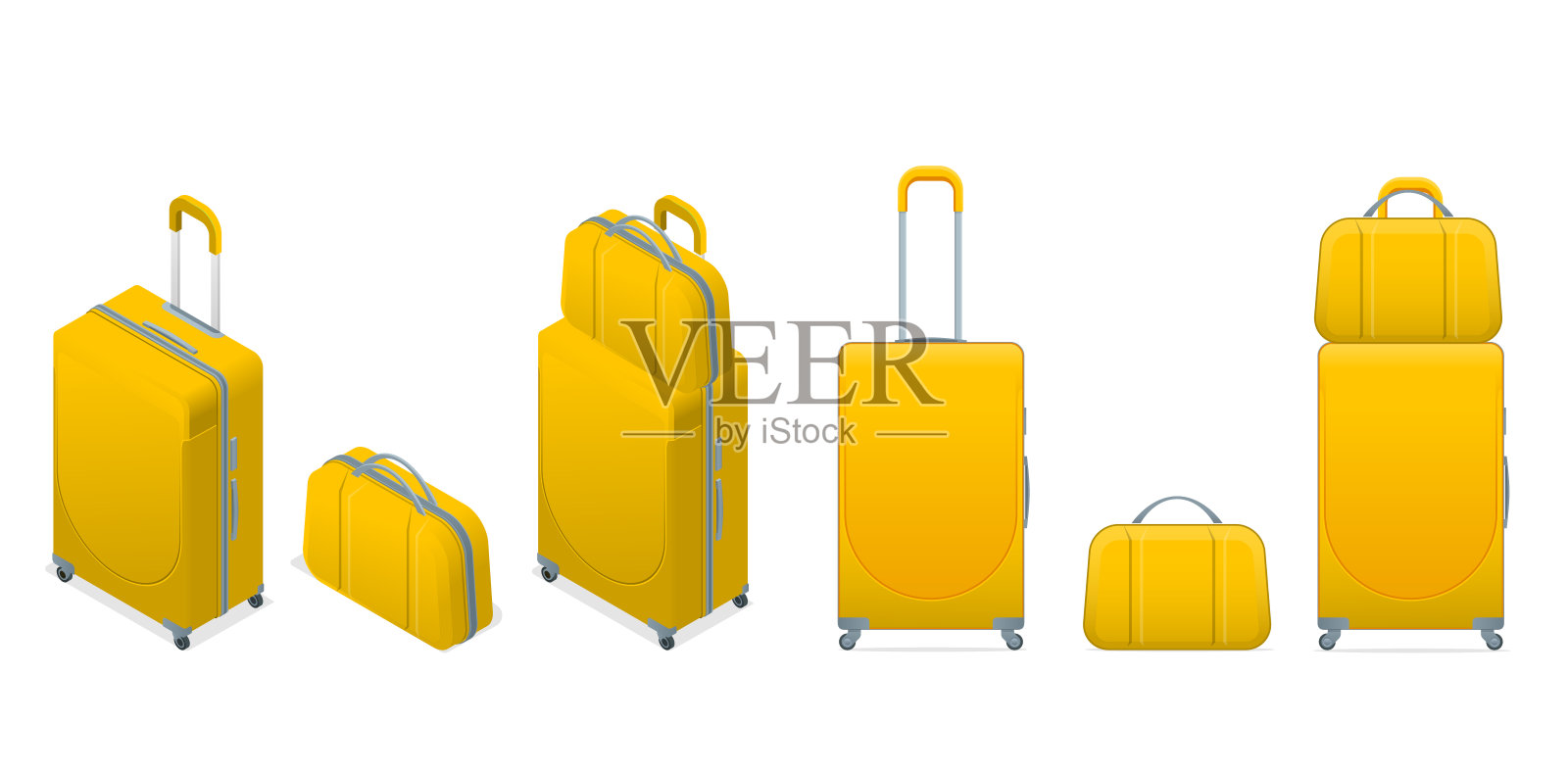等距不同色彩丰富的商务及家庭度假旅游旅行包，手提包行李现代。一套手提箱和背包孤立在白色。设计元素图片