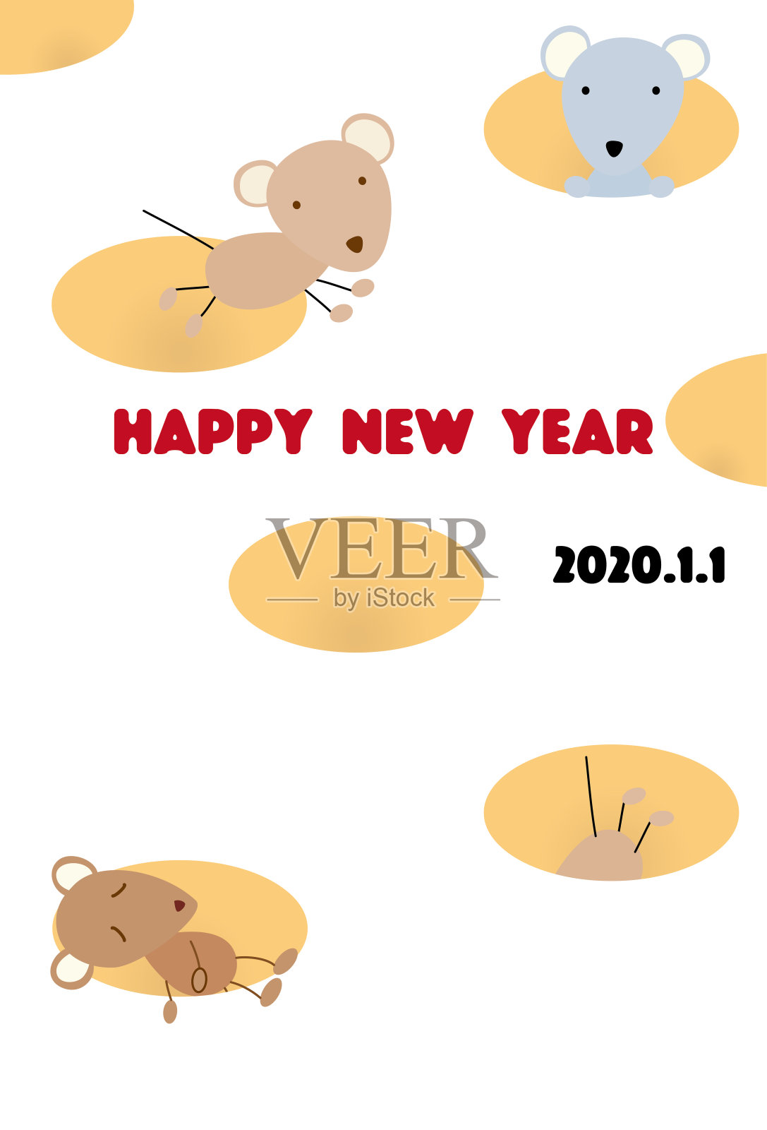 这是一张画有老鼠在玩奶酪的新年卡片。插画图片素材