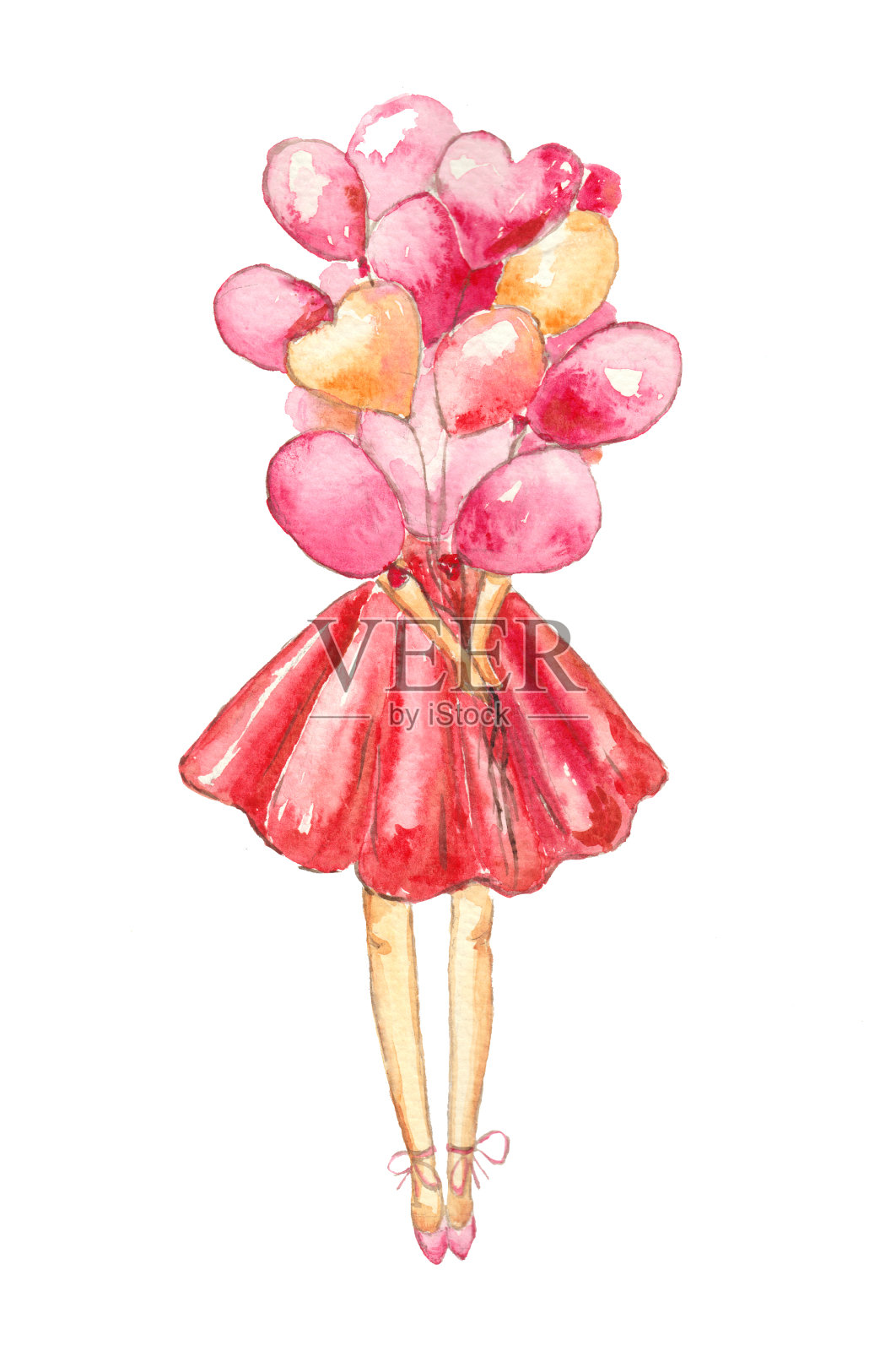 年轻女子女孩与粉色气球孤立在白色背景水彩插画图片素材
