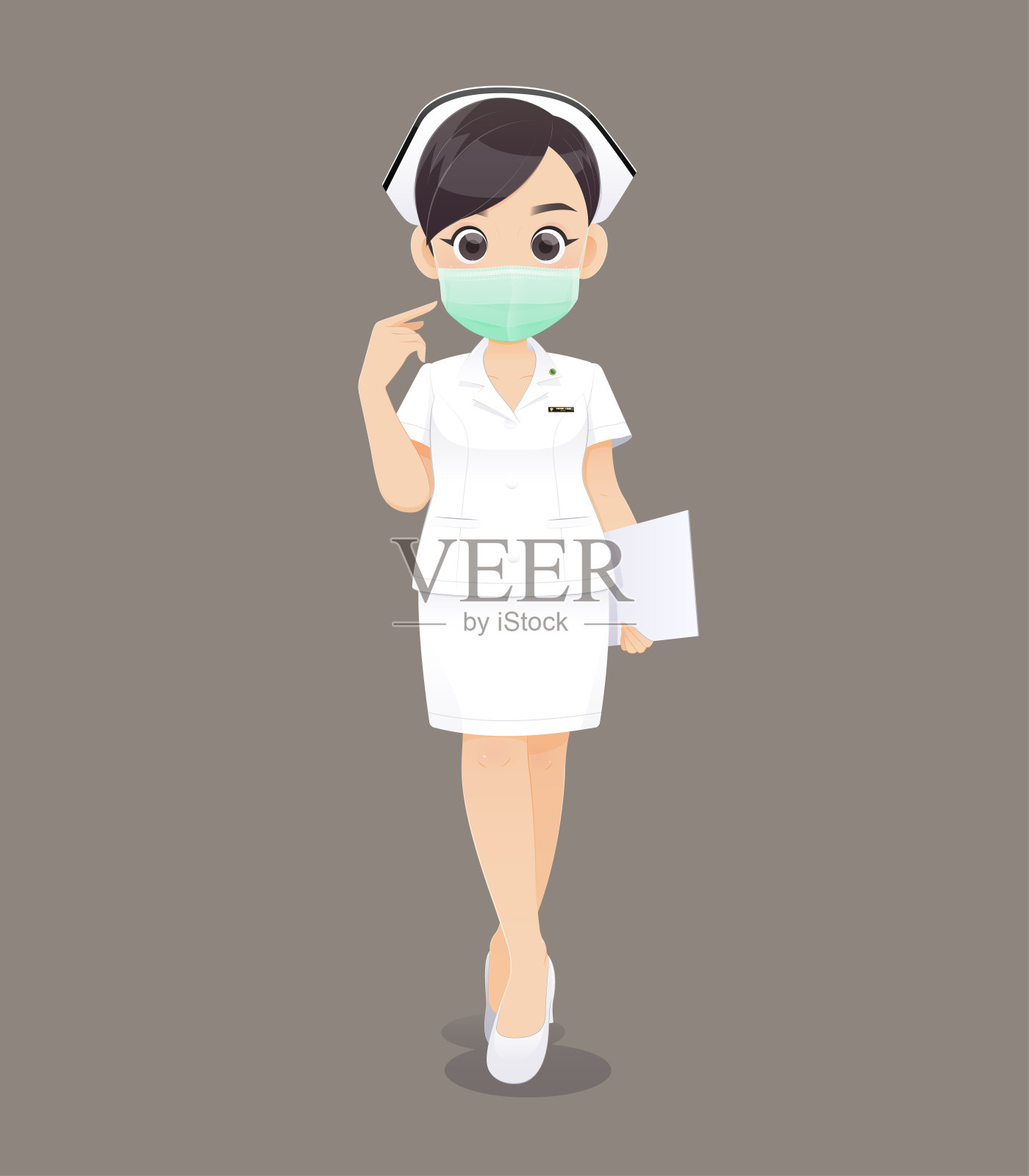 护士戴着防护面具，卡通女医生或护士穿着白色制服拿着剪贴板，矢量插图在字符设计设计元素图片