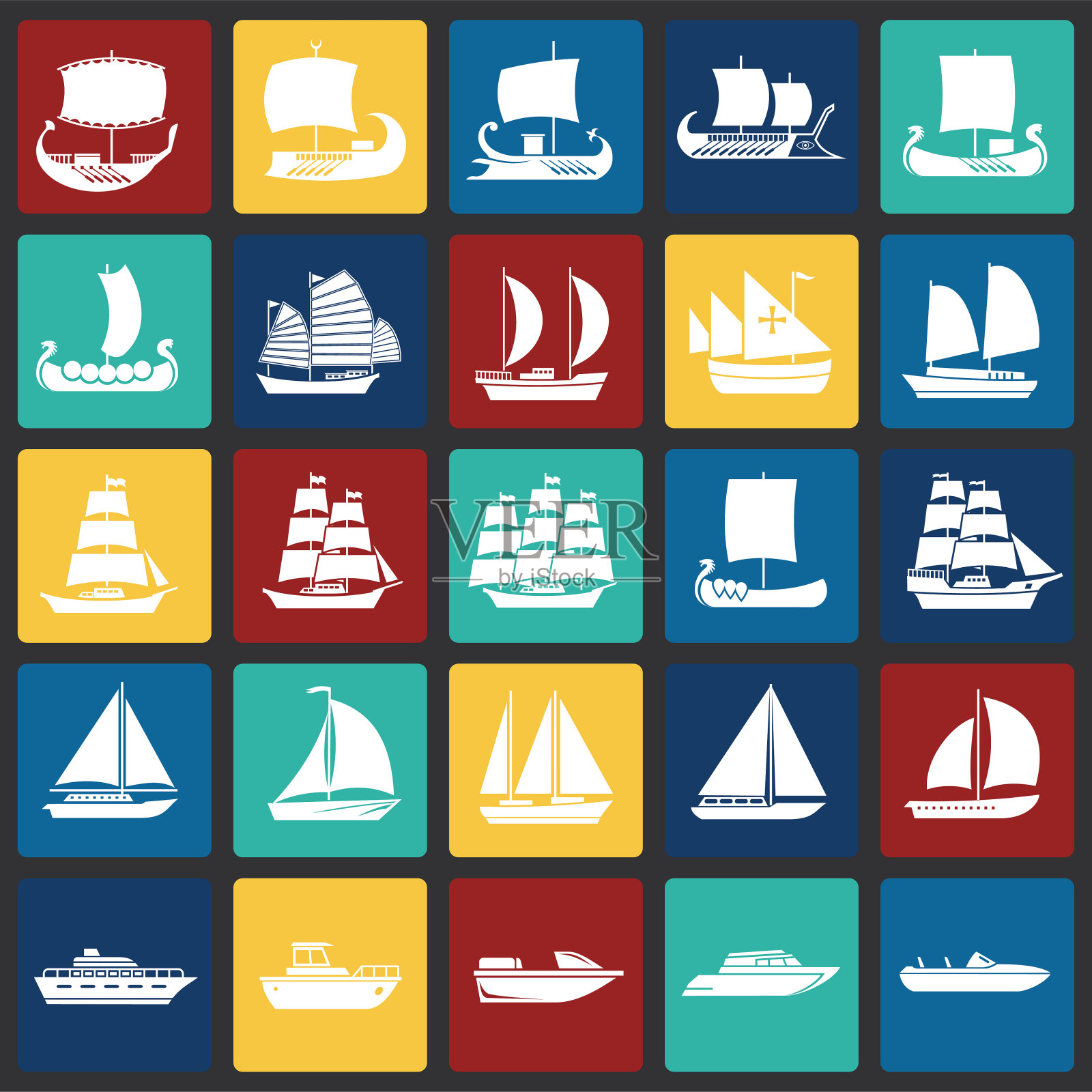 船舶图标设置在彩色方块背景图形和网页设计。简单的矢量信号。网站按钮或手机应用的互联网概念符号。图标素材