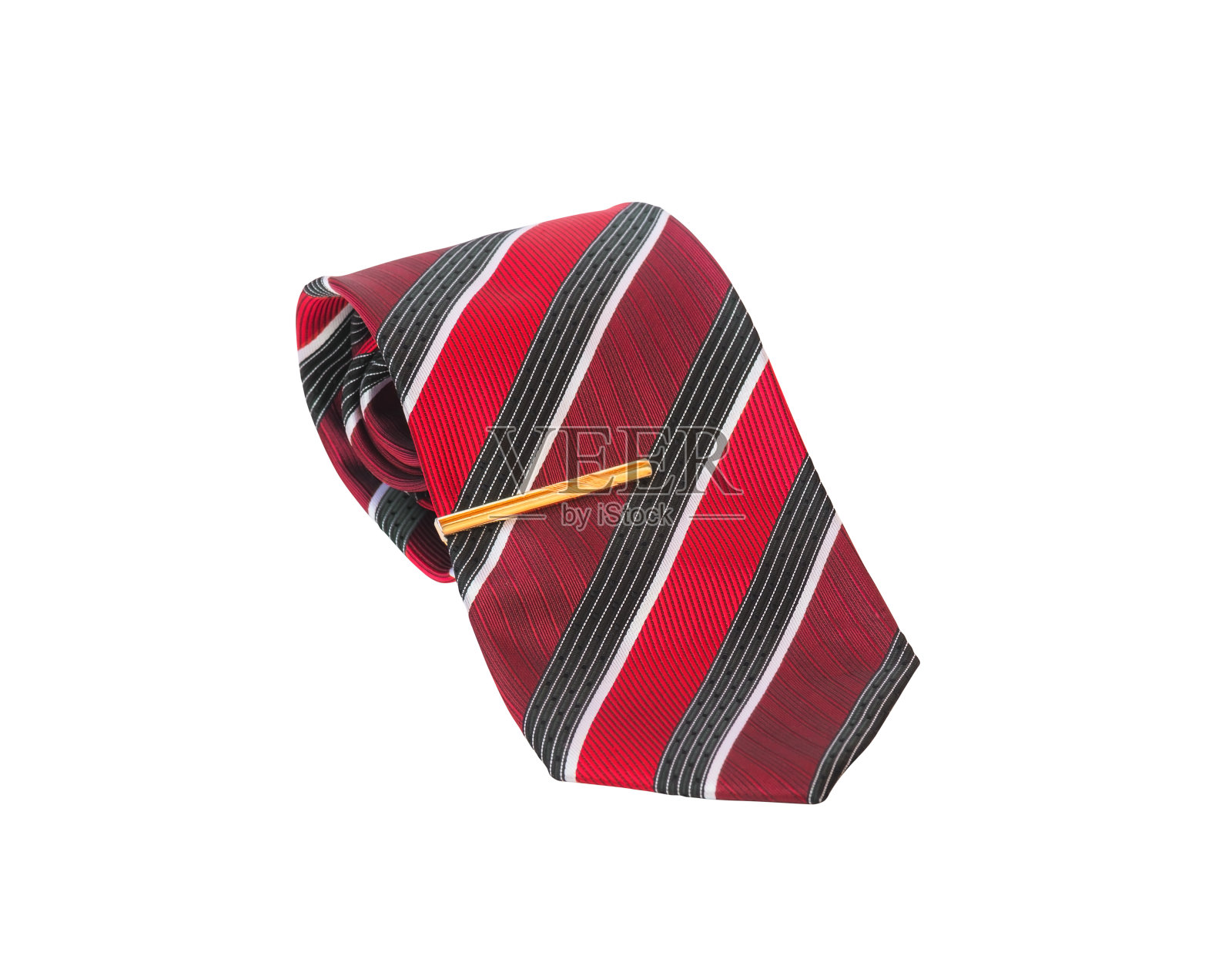 时尚的红色条纹卷领带和金色领带针孤立在白色。照片摄影图片