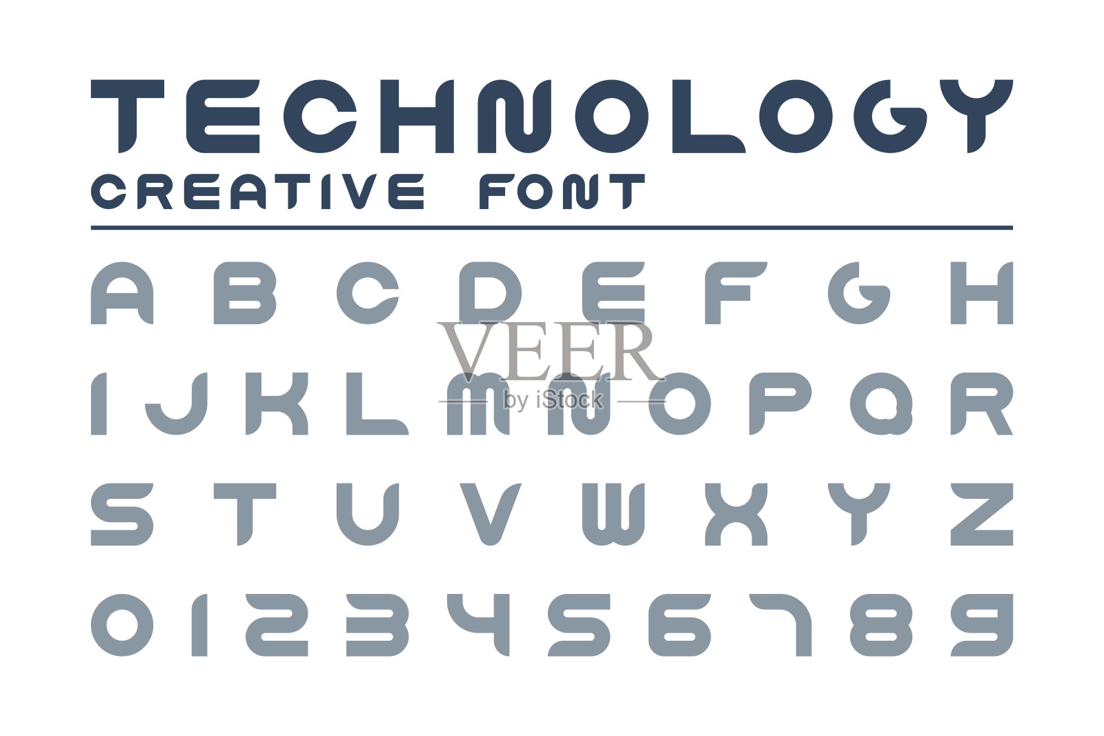 矢量技术创意字体。时尚英语字母表。简单的拉丁字母和数字-数字设计插画图片素材