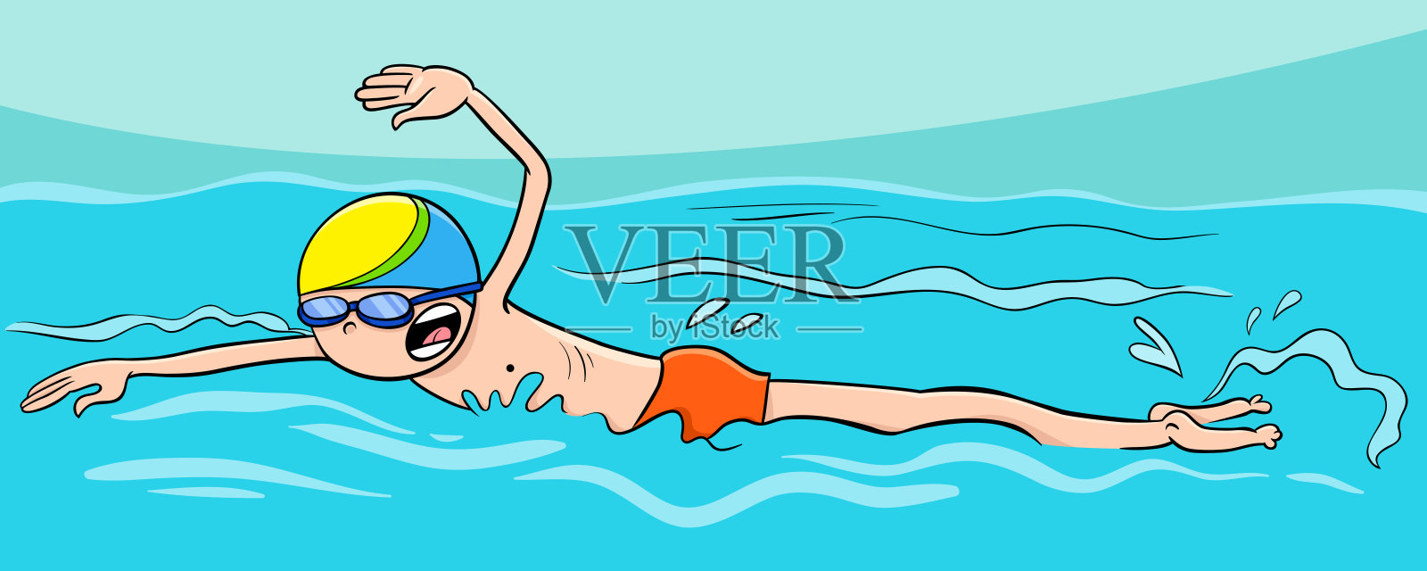 卡通男孩角色在水里游泳插画图片素材