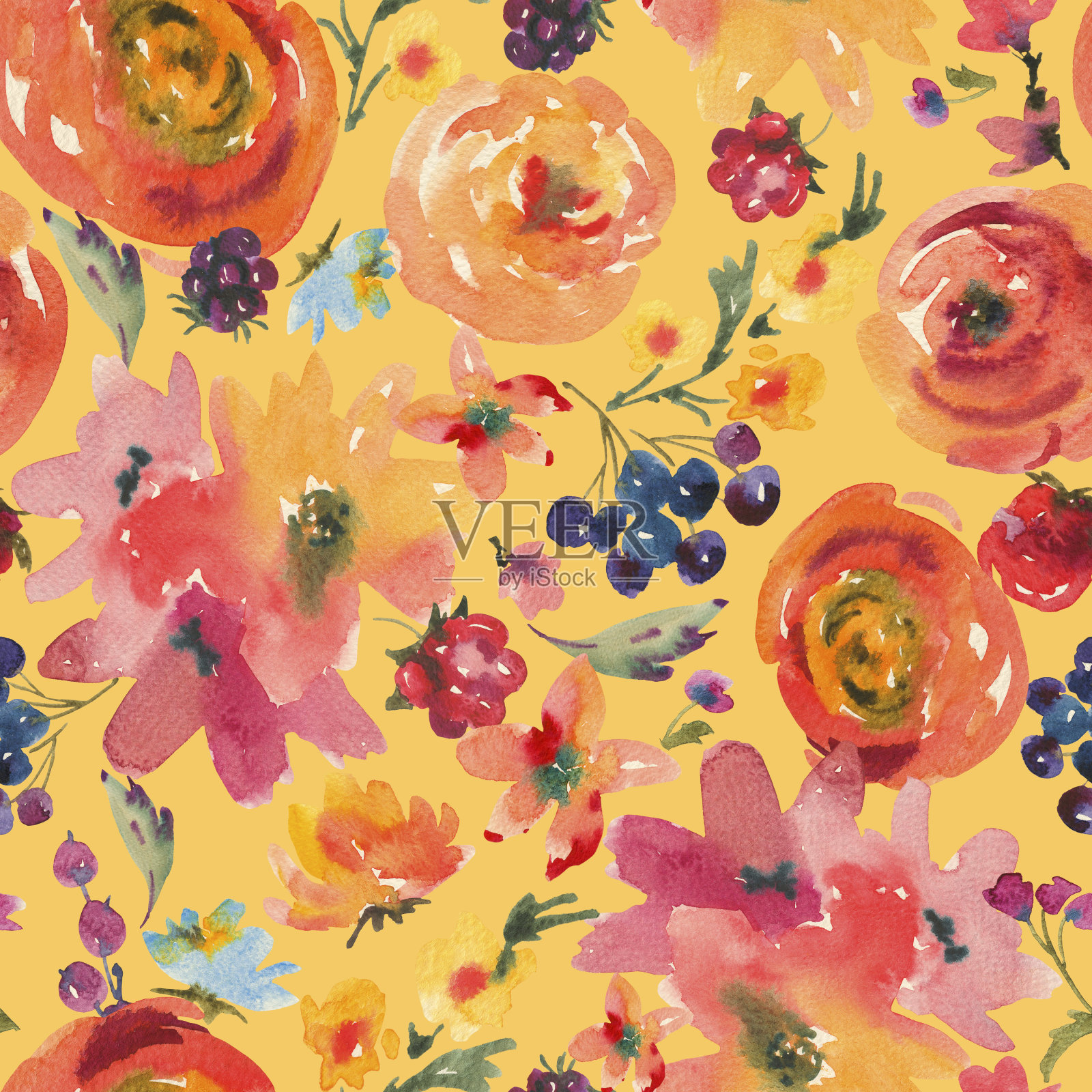 明亮的黄色水彩玫瑰，野花和浆果花无缝背景插画图片素材