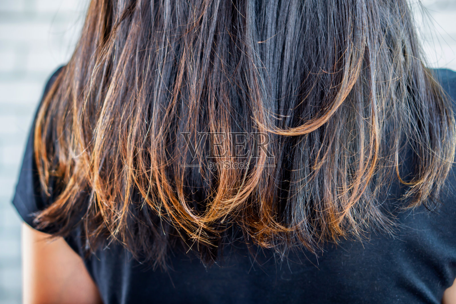 女性头发受损分叉，头发干燥不健康照片摄影图片