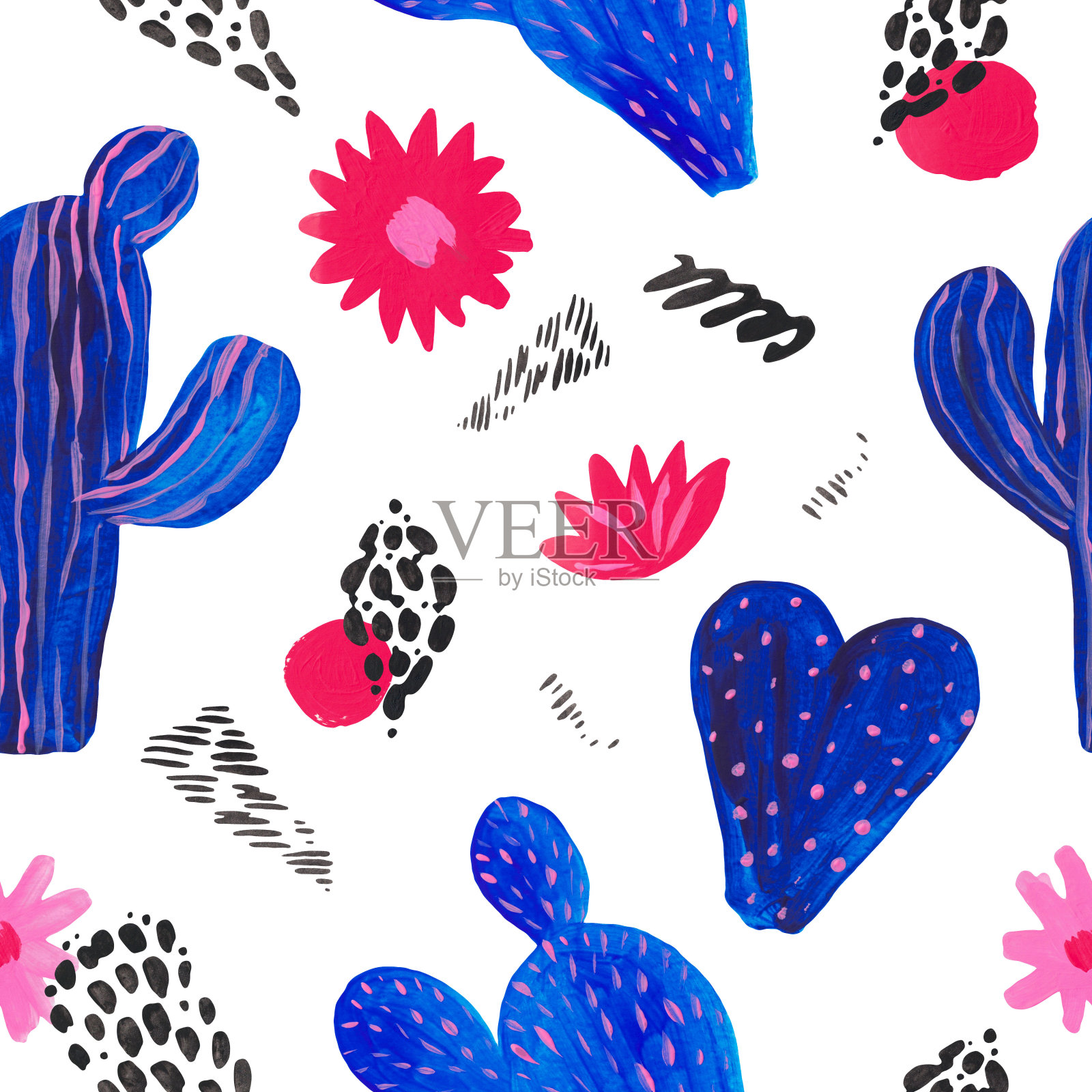 无缝图案手绘一套装饰仙人掌在幻想风格一套开花植物，仙人掌蓝色珊瑚色插画图片素材