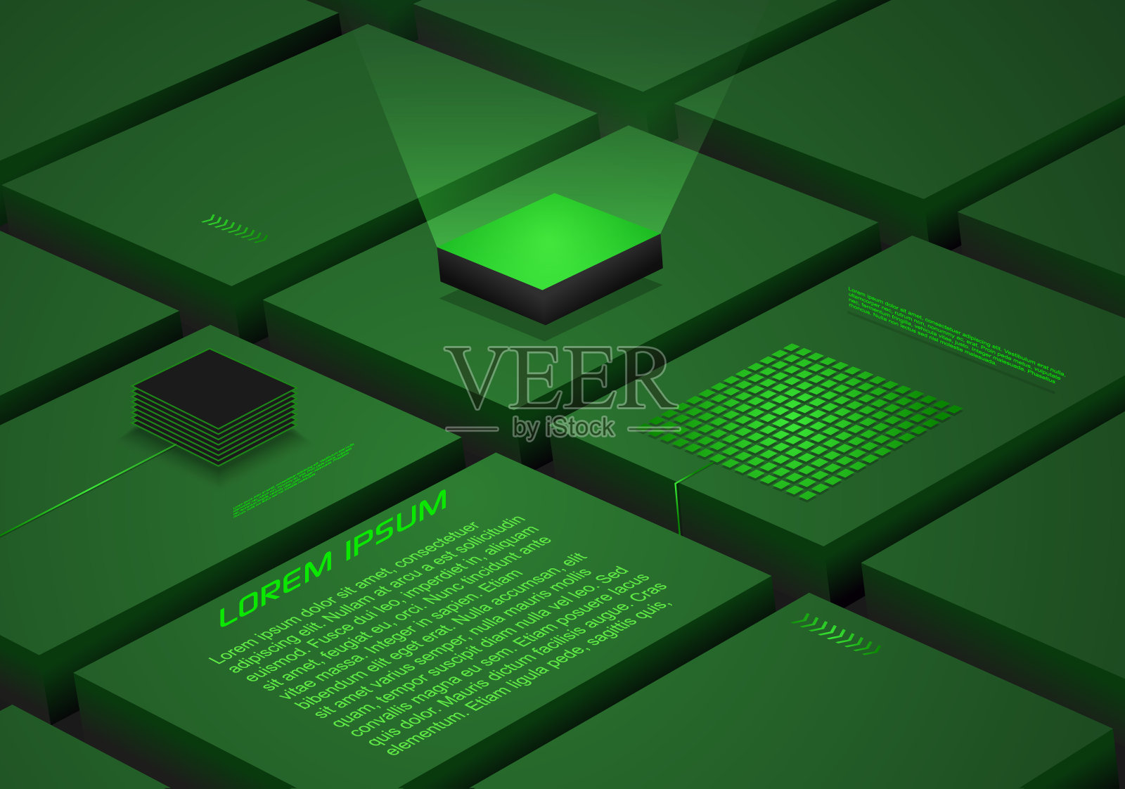 摘要块背景采用人工智能，机器人量子计算处理器为绿色。用于商业技术和工程插画图片素材