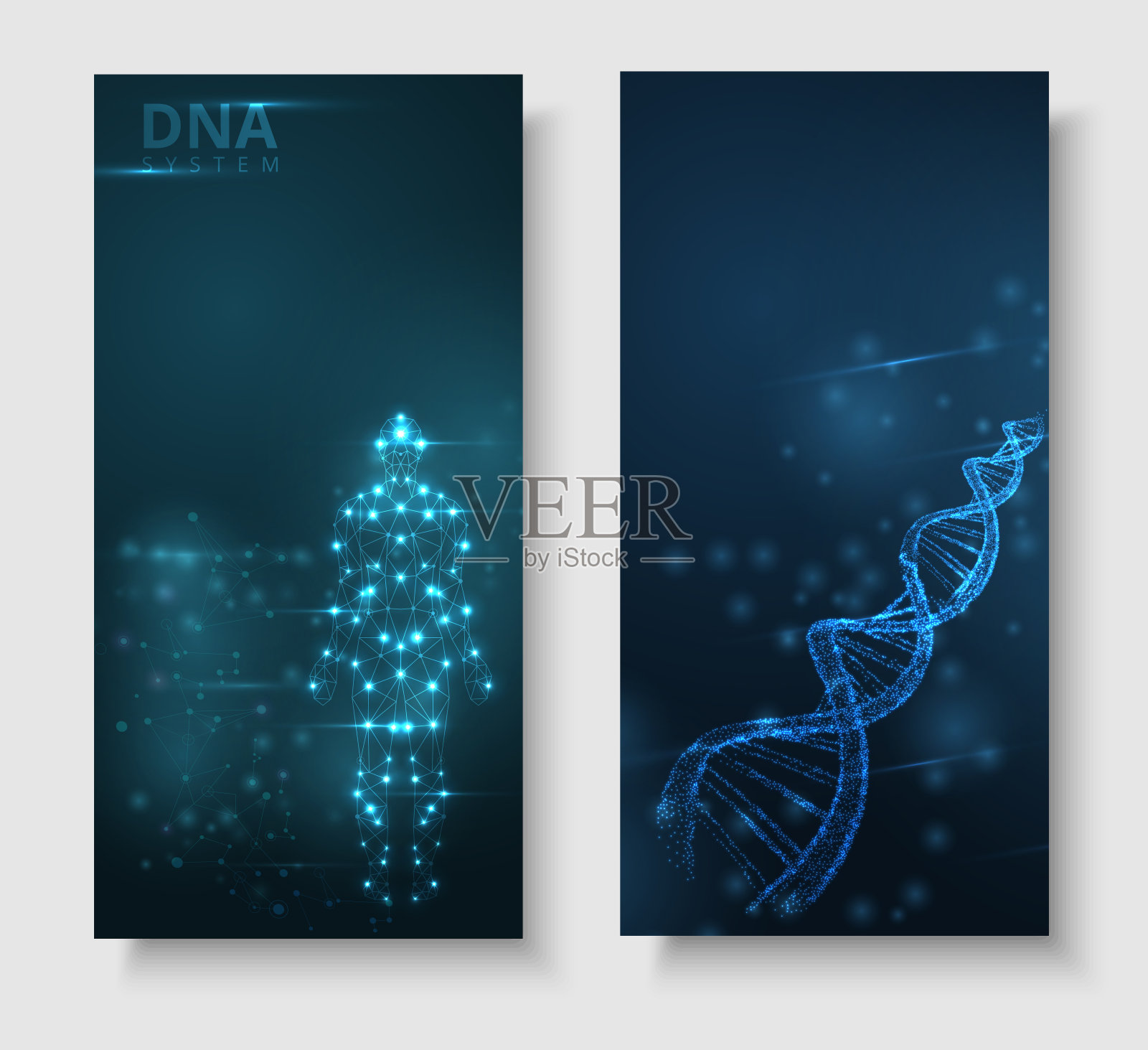 蓝色抽象背景与发光的DNA分子，霓虹螺旋和人体。插画图片素材