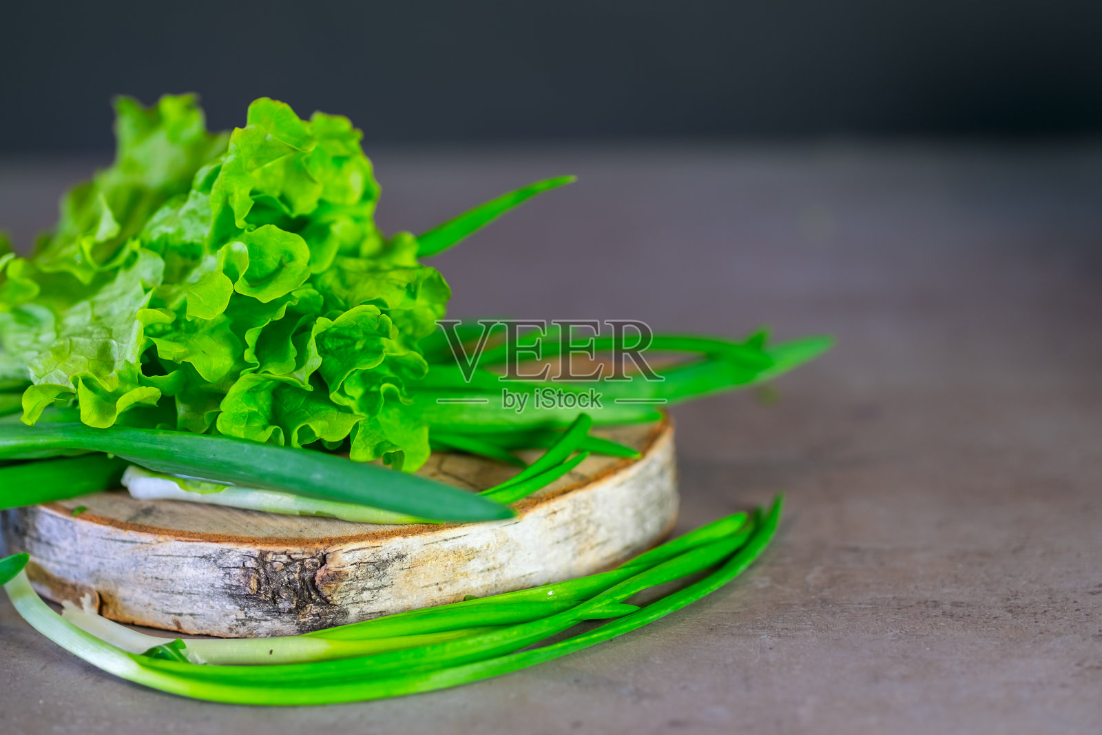 灰色背景上的蔬菜沙拉，莳萝，新鲜洋葱和生菜。照片摄影图片