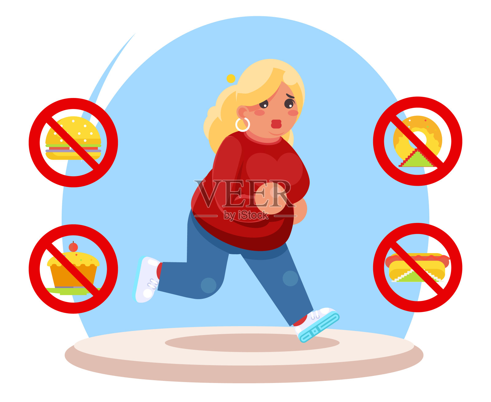 跑步胖女性饮食性格健康拒绝垃圾食品跑步平卡通设计矢量插图插画图片素材