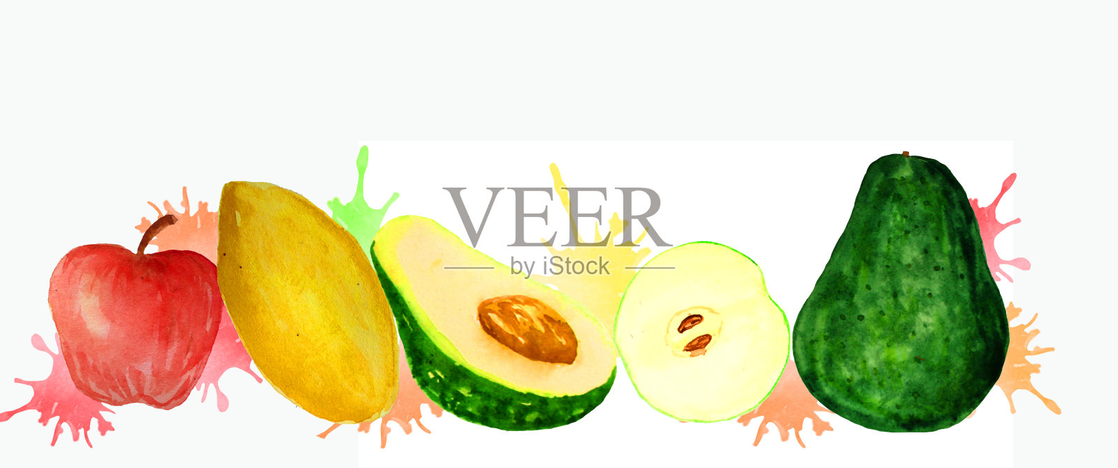 白色背景上的新鲜水果。苹果，鳄梨，芒果，多汁。水彩插图菜单设计，网站设计，明信片，海报和传单插画图片素材