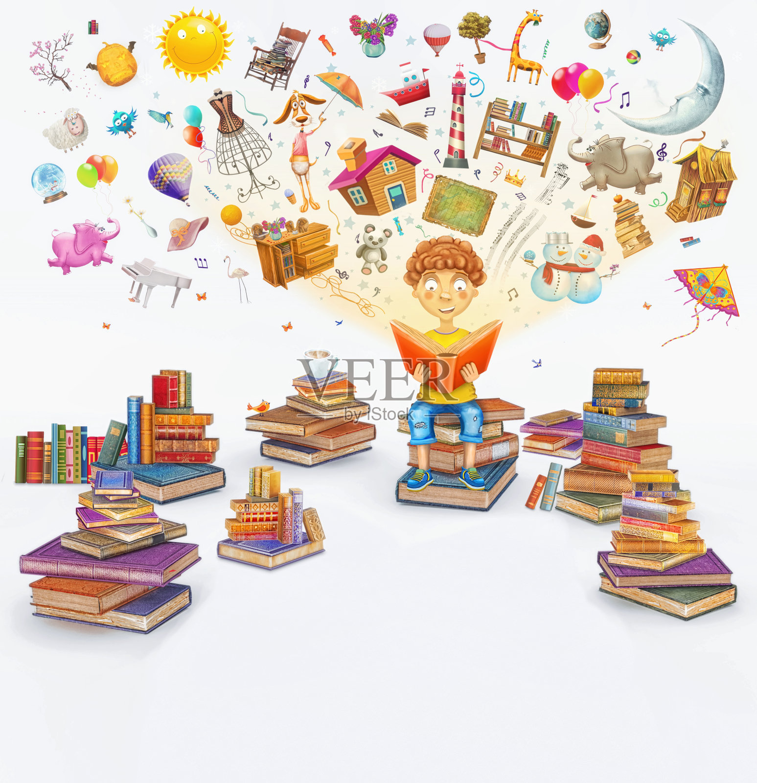 一个姜黄色的小男孩在白色背景上看书的插图插画图片素材