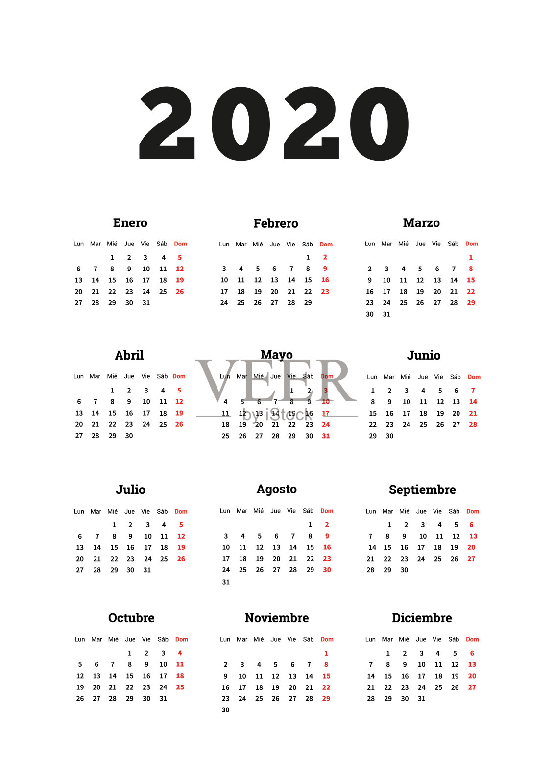 2020年西班牙简单日历，A4大小的垂直页孤立在白色设计模板素材