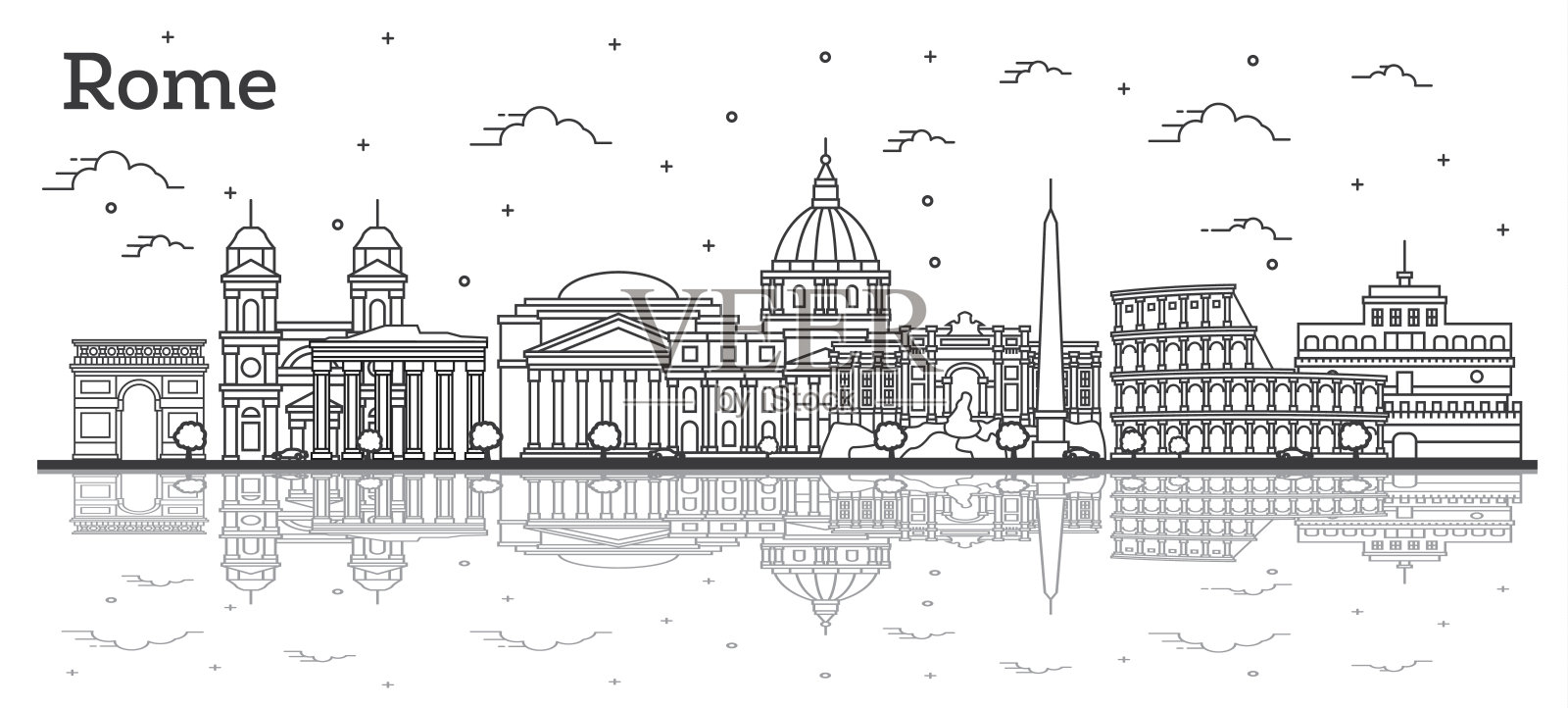 用历史建筑勾勒出意大利罗马城市的天际线。插画图片素材