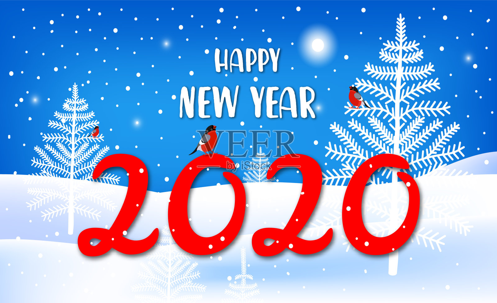 贺卡上写着“2020年新年快乐”和可爱的汉字。背景与红腹灰雀，圣诞树，景观和降雪。插画图片素材