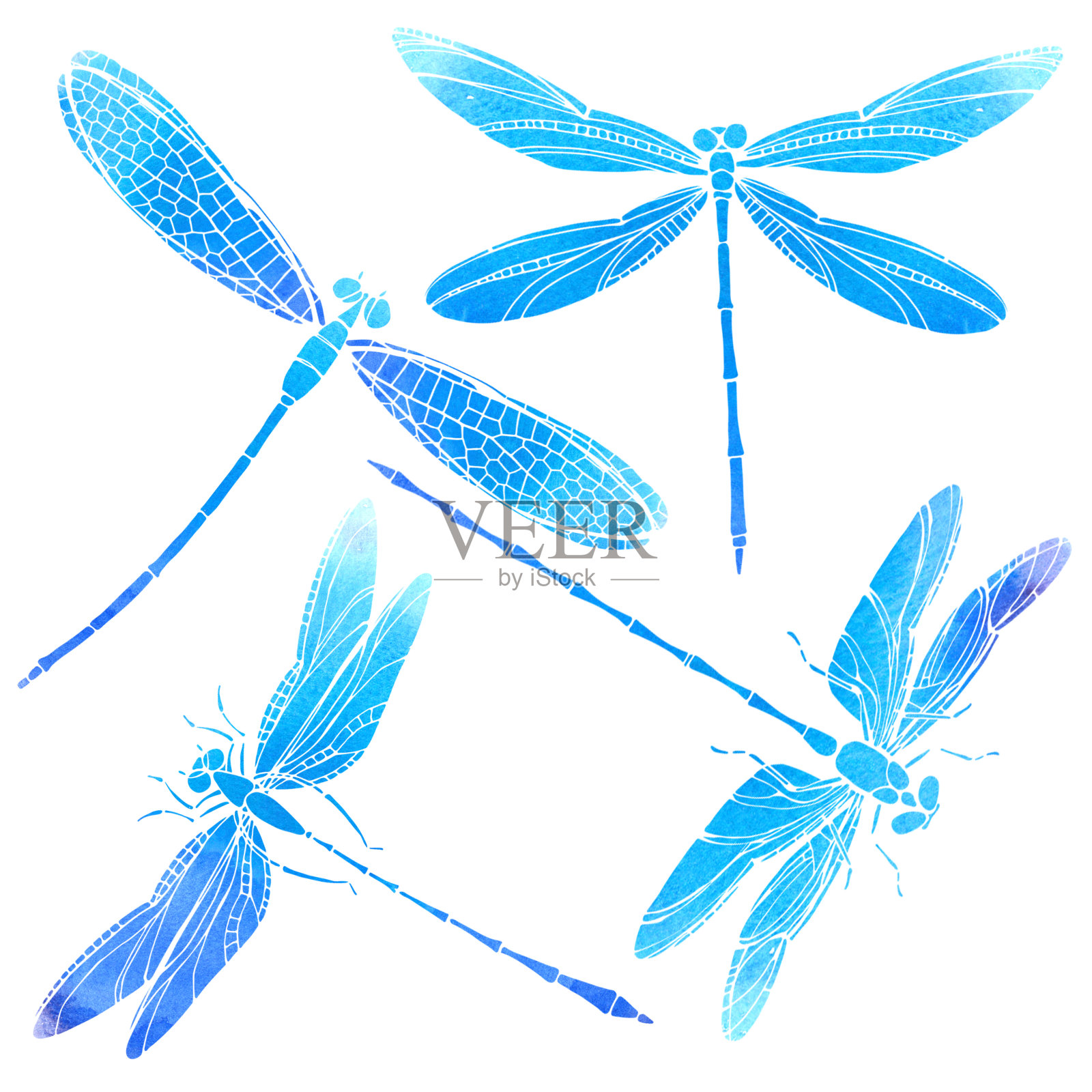 蜻蜓。剪影。水彩插图上的白色背景。孤立元素设计，四虫。插画图片素材