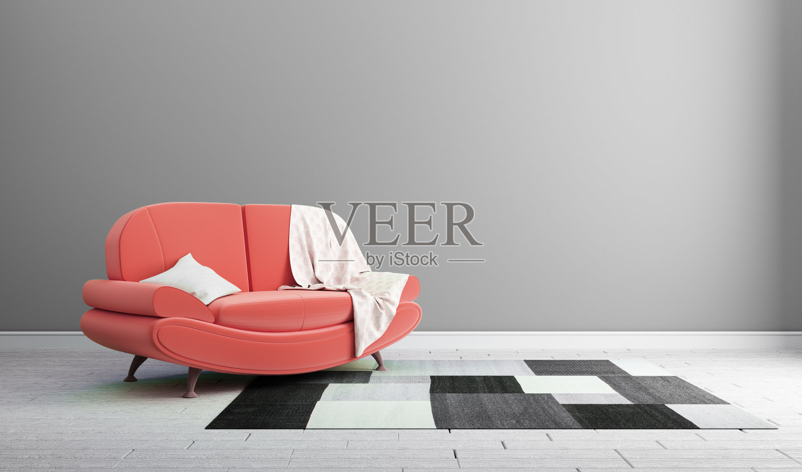 设计理念灰色墙壁上的红色沙发，现代室内。3d渲染照片摄影图片