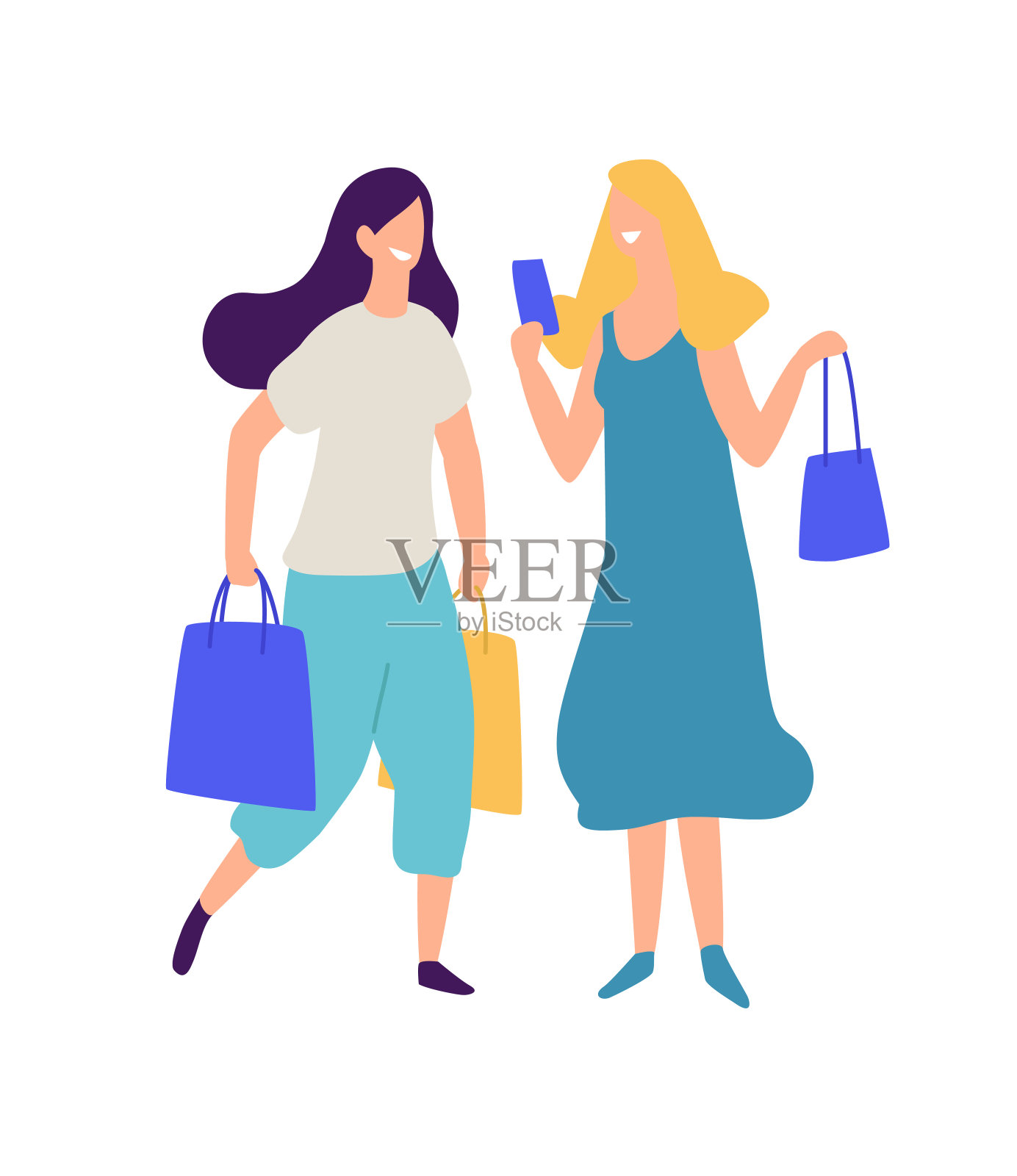 插图两个女孩与购买。向量。正面平面插图卡通风格。折扣和销售。购物狂购物。在线购物。女孩们在线下和线上交流。插画图片素材