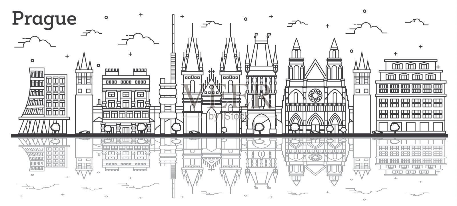 布拉格捷克共和国城市轮廓线与历史建筑和反射孤立在白色。插画图片素材