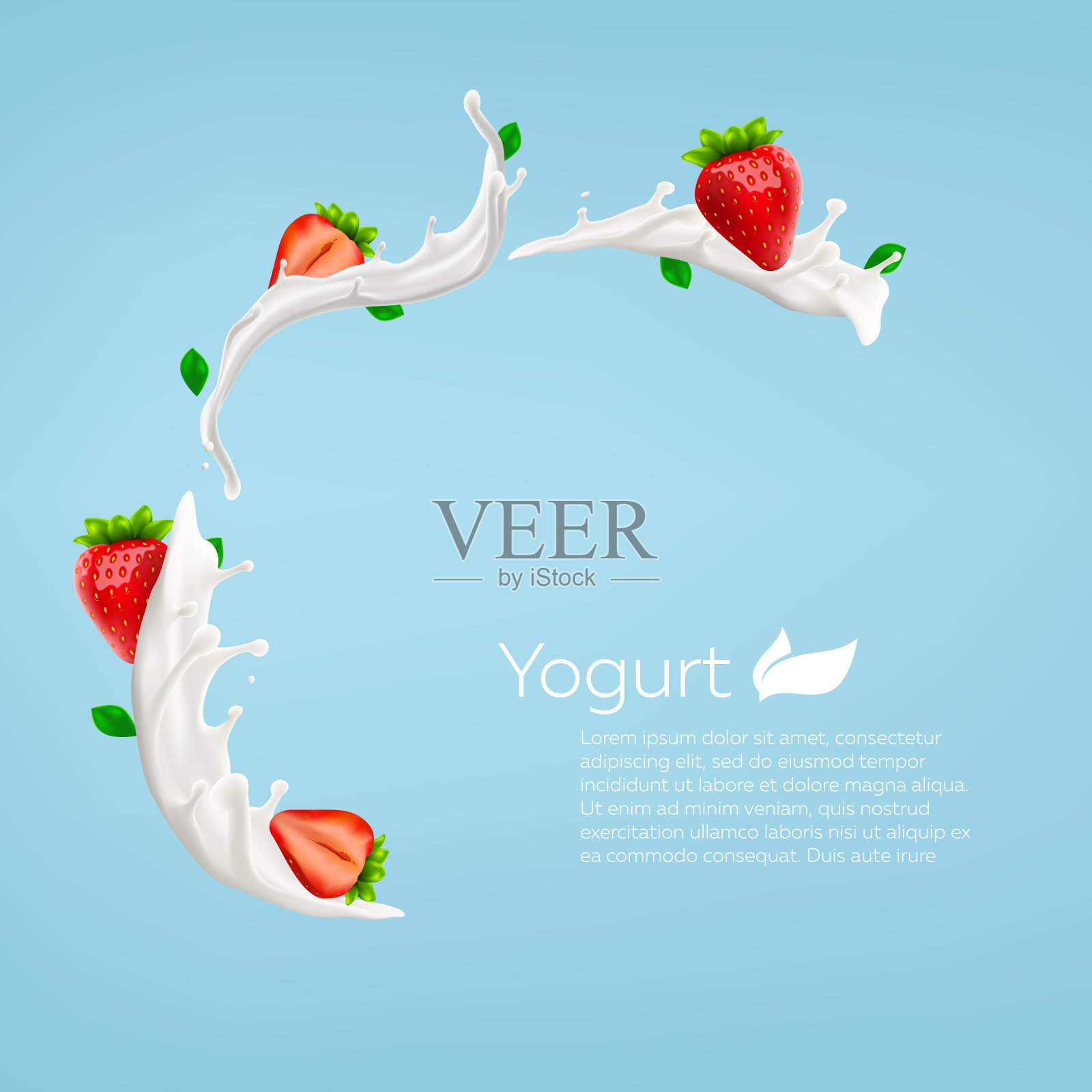 全脂牛奶酸奶漩涡背景设计与草莓，商业矢量广告模型逼真的插图插画图片素材