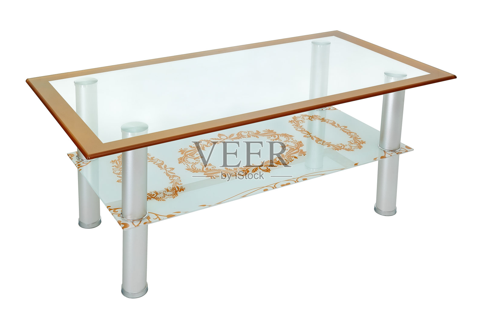 玻璃和铝铬咖啡桌。客厅的现代桌子带有花卉设计和木制框架，孤立在白色背景上，包括修剪路径照片摄影图片