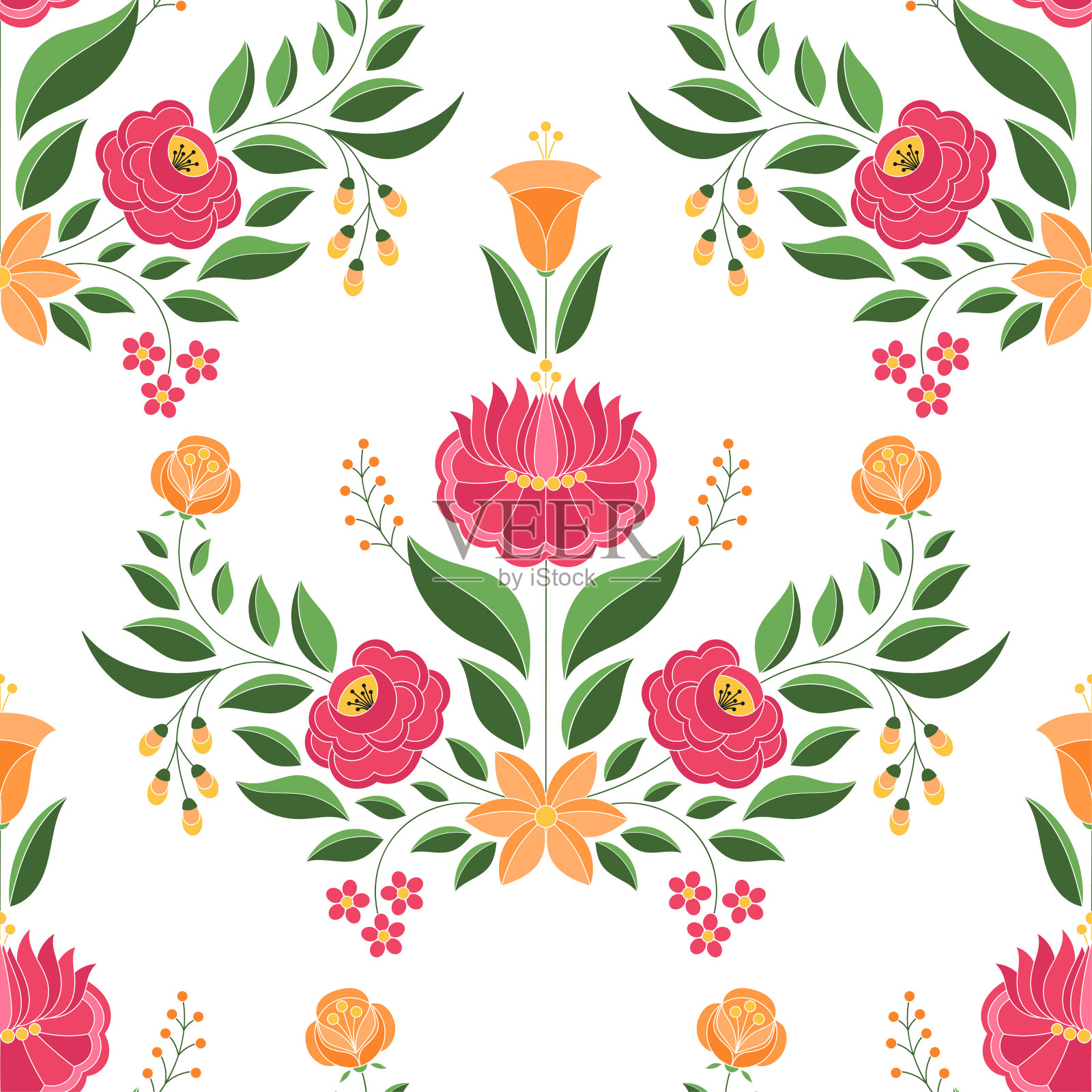 匈牙利民间图案矢量无缝。Kalocsa花卉民族装饰。斯拉夫东欧版画。传统刺绣花卉设计插画图片素材
