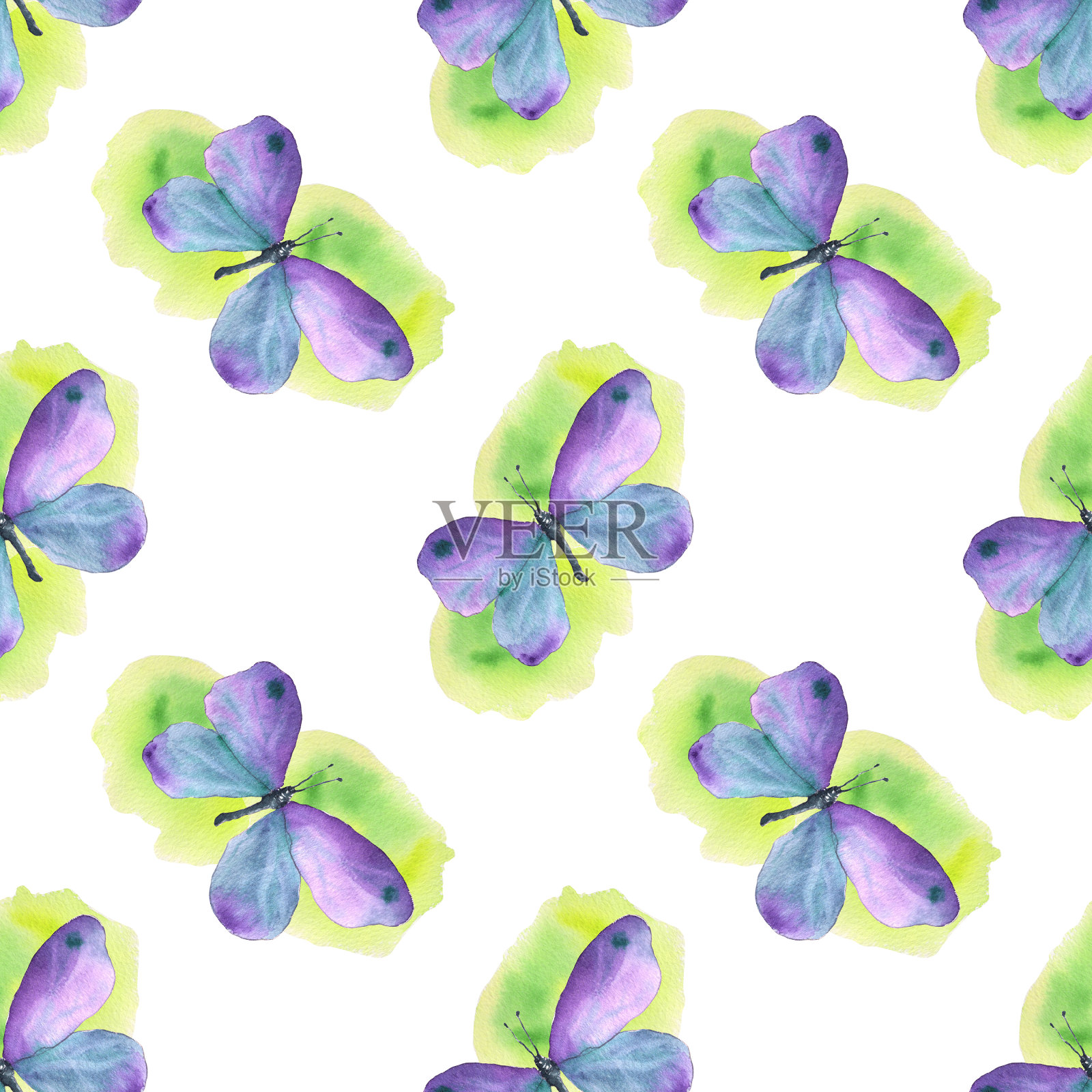 紫蝴蝶和绿色斑点图案插画图片素材