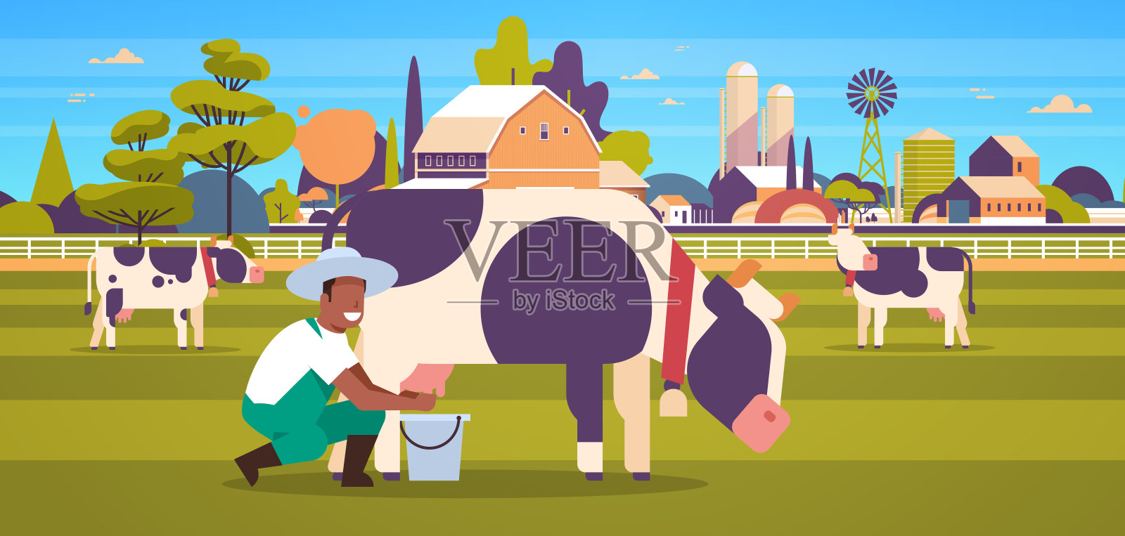 非裔美国农民在桶农场挤牛奶家畜牛鲜奶概念平坦水平农田谷仓乡村景观全长水平插画图片素材