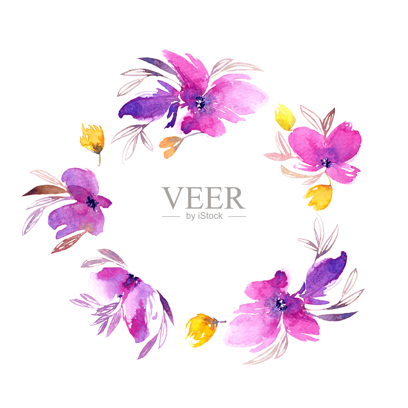 花环。水彩紫罗兰花。花的贺卡。婚礼请柬与花框架。插画图片素材