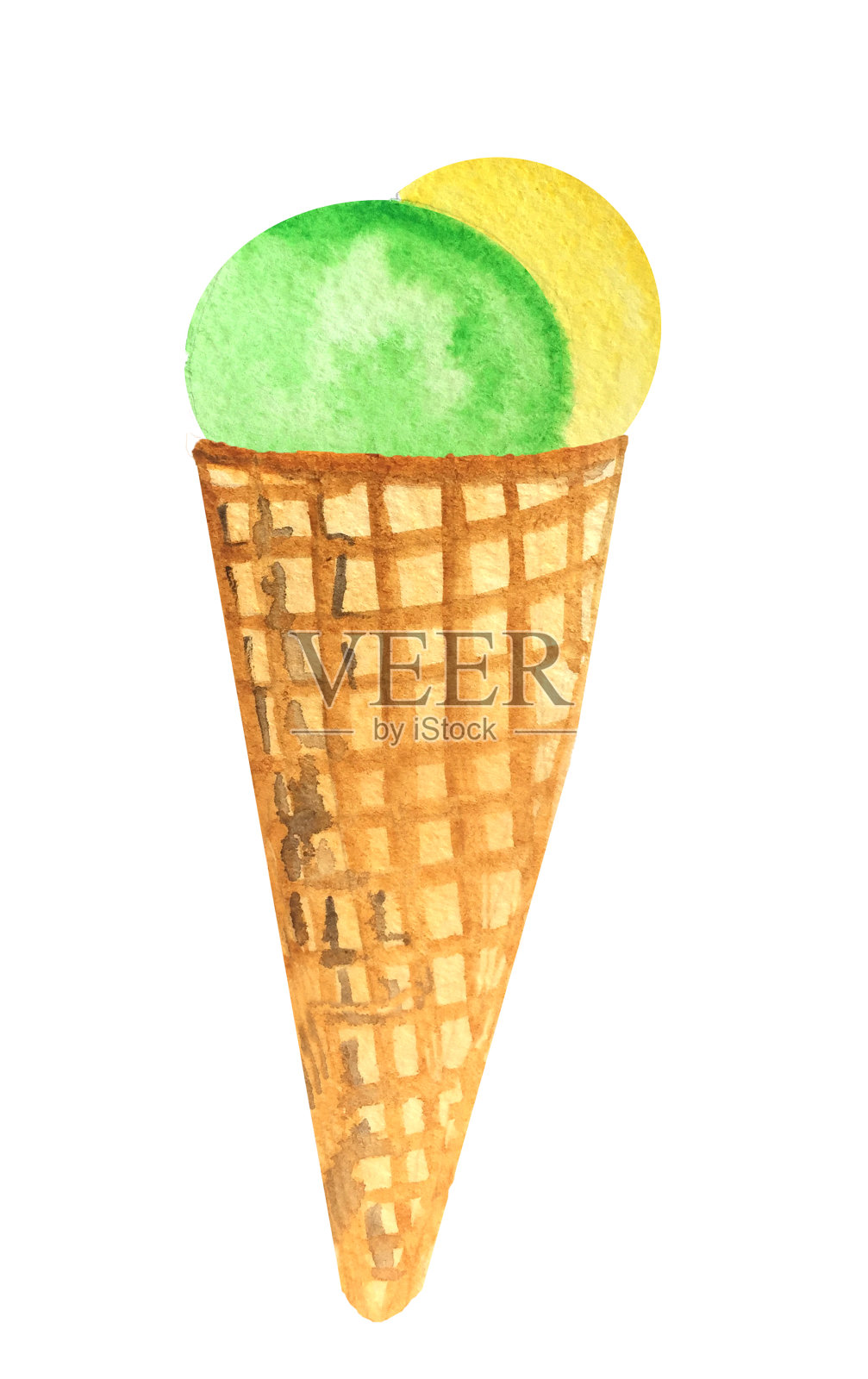 华夫蛋筒水彩冰淇淋。菜单设计的栅格插图插画图片素材