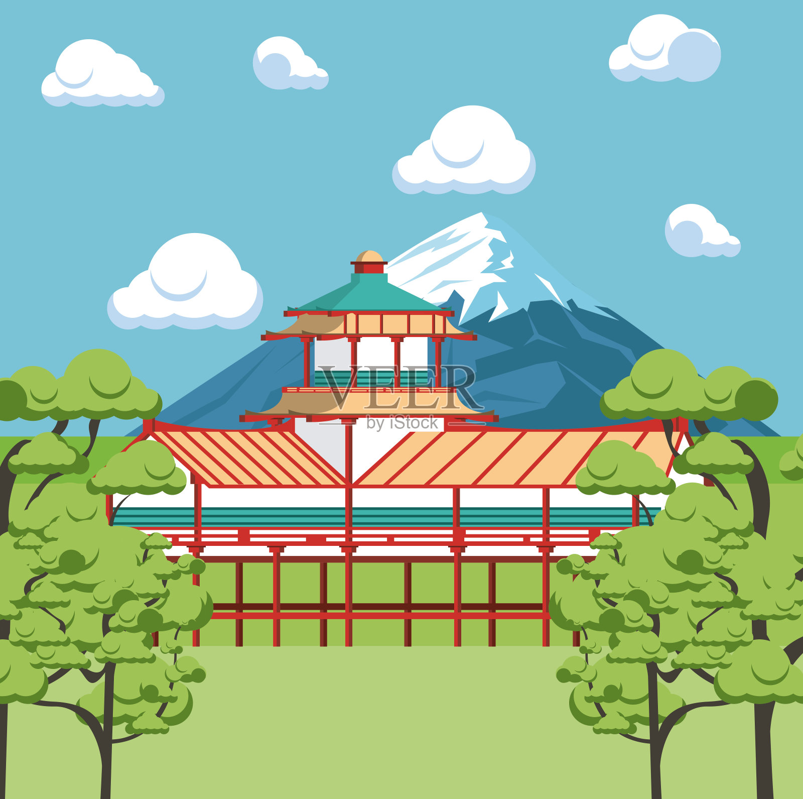 大自然中的日本寺庙插画图片素材