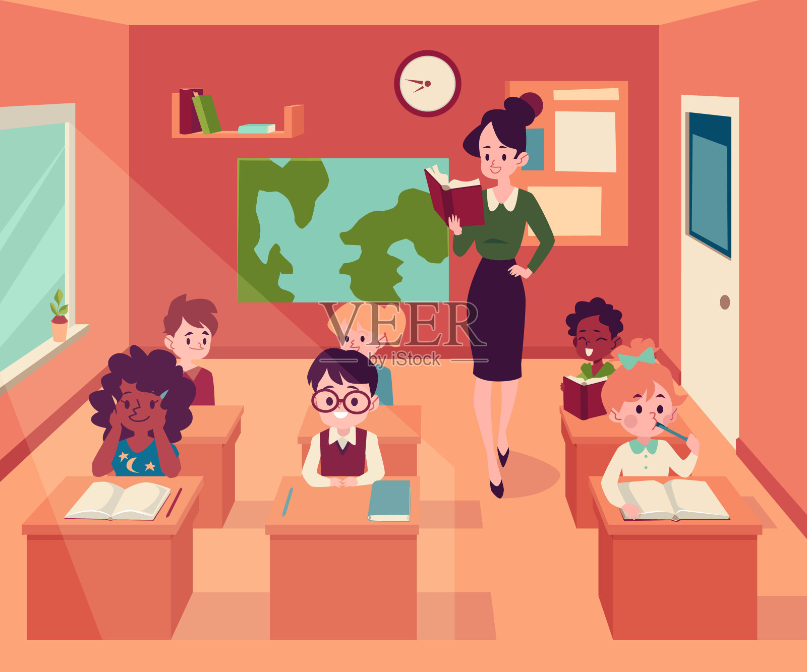 女人拿着书站在教室里，孩子们卡通般地坐在书桌前设计模板素材