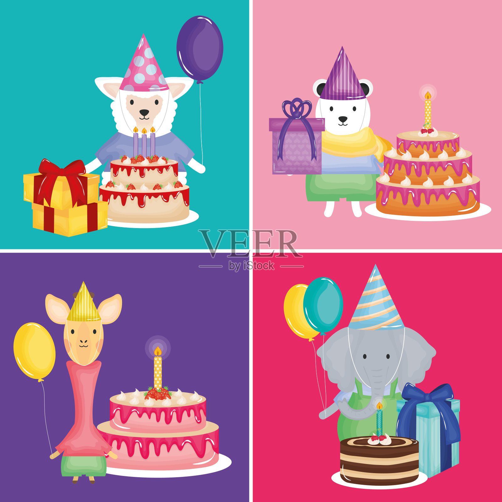 有动物角色的生日快乐卡片插画图片素材