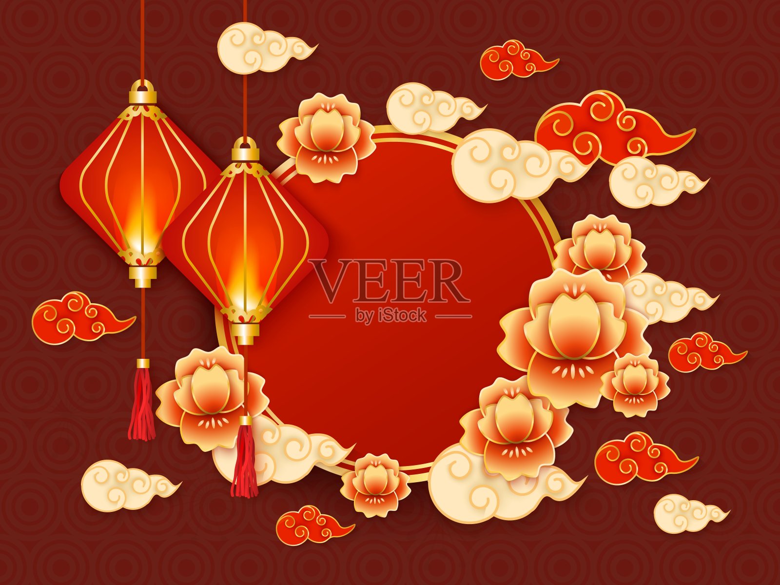 背景和模板与红色传统中国灯笼，云和花。插画图片素材