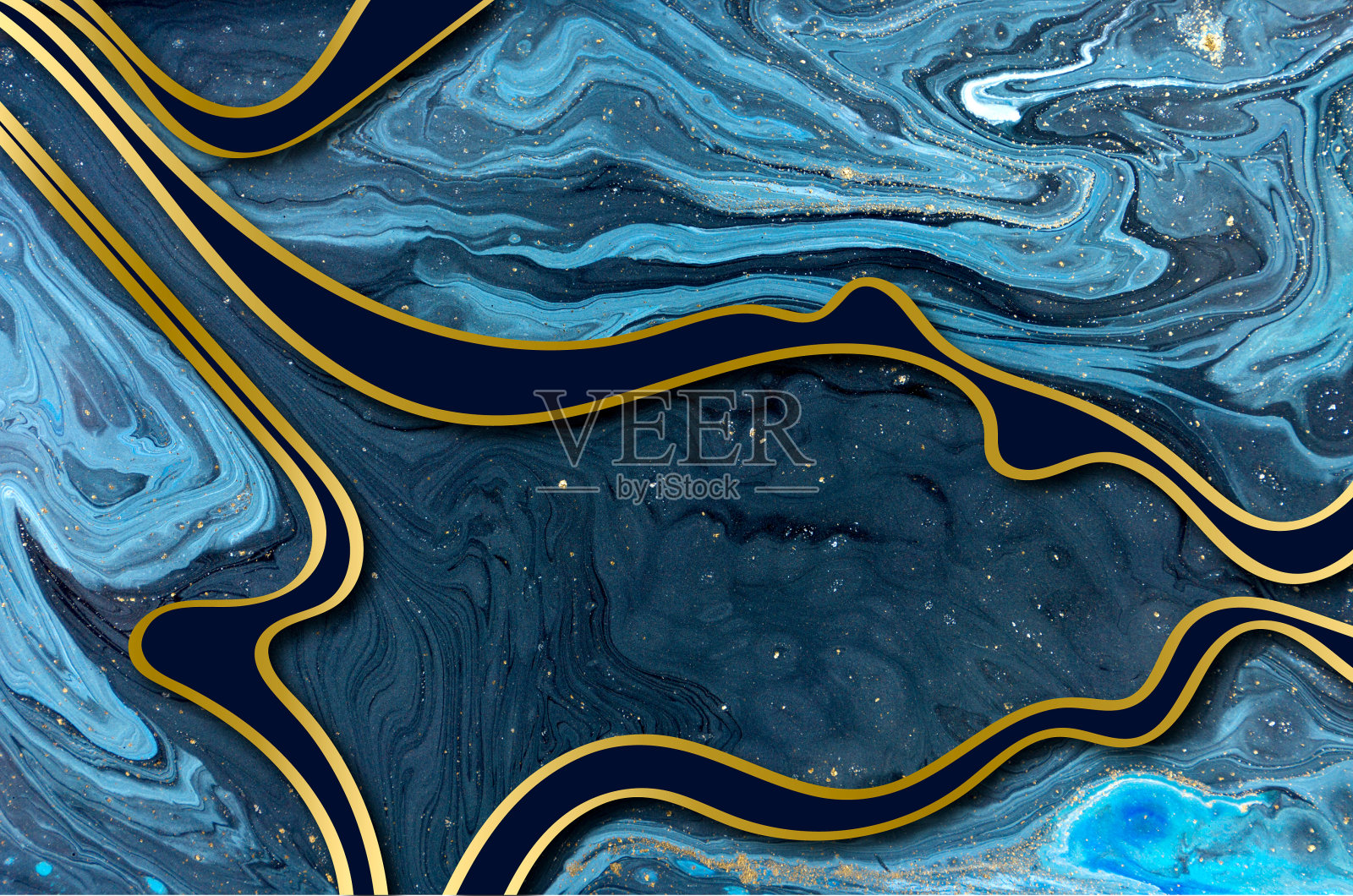 大理石抽象丙烯酸背景。自然大理石蓝色和金色的艺术品纹理。插画图片素材