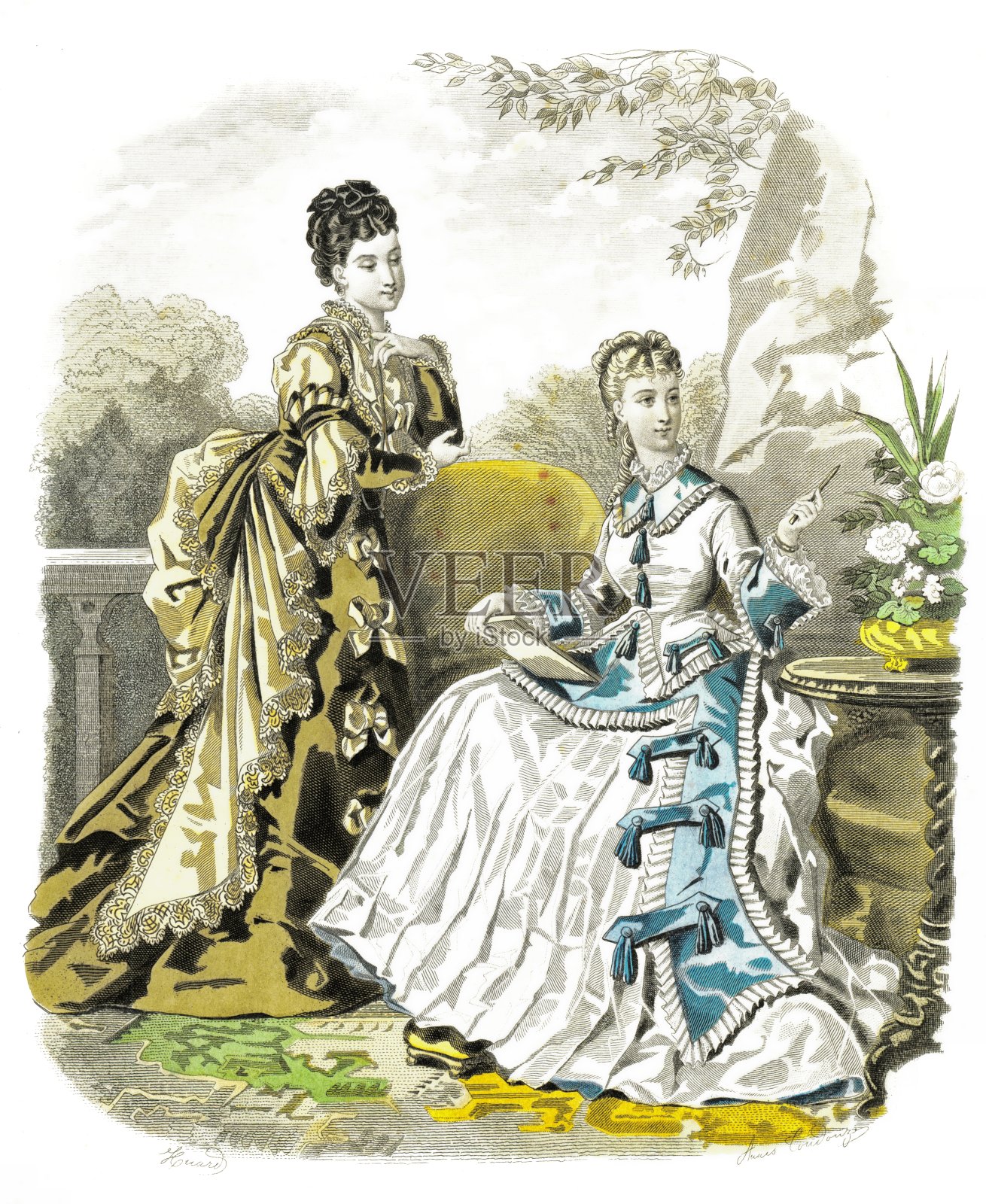 塔夫绸裙子榛子色-塔夫绸裙子天蓝色。优雅时尚1874插画图片素材