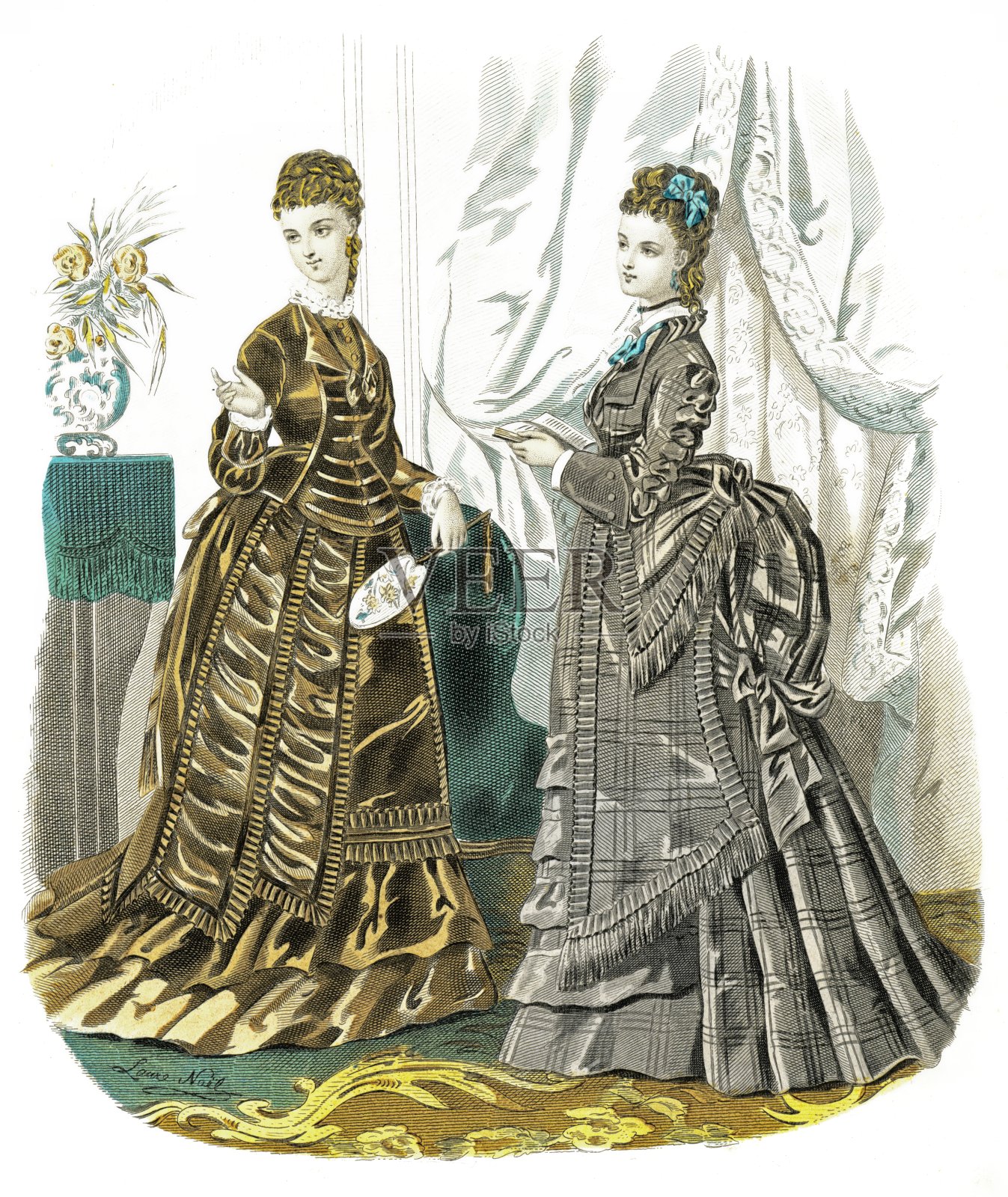 棕色塔夫绸西服，灰色羊毛裙配黑色条纹。优雅时尚1874插画图片素材