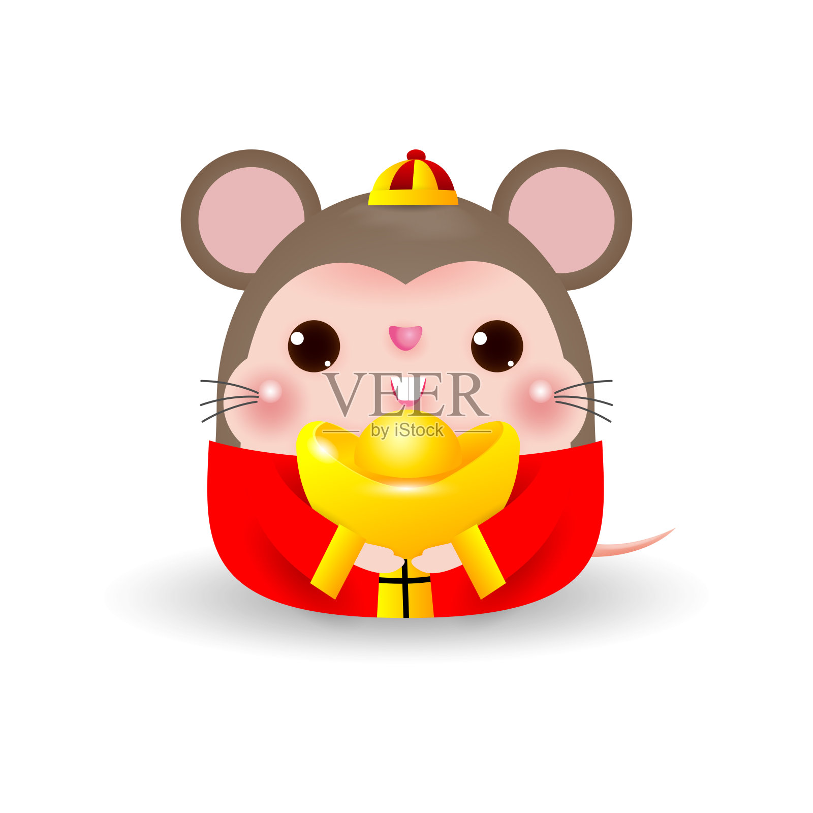 小老鼠拿着中国黄金，快乐春节2020年鼠生肖，卡通矢量插图孤立在白色背景上。插画图片素材