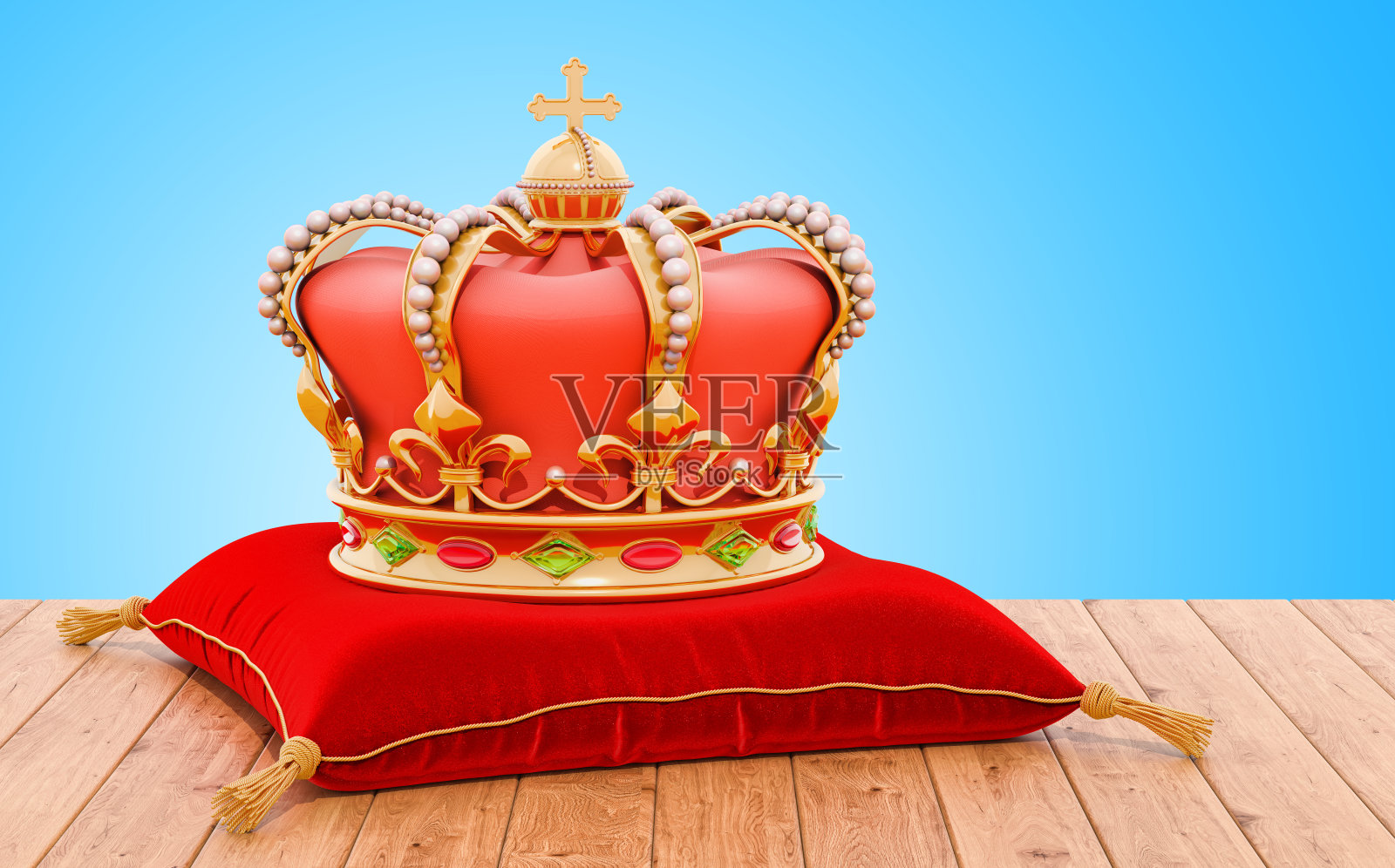 金色皇冠放在红丝绒枕头上，放在木桌上。三维渲染照片摄影图片