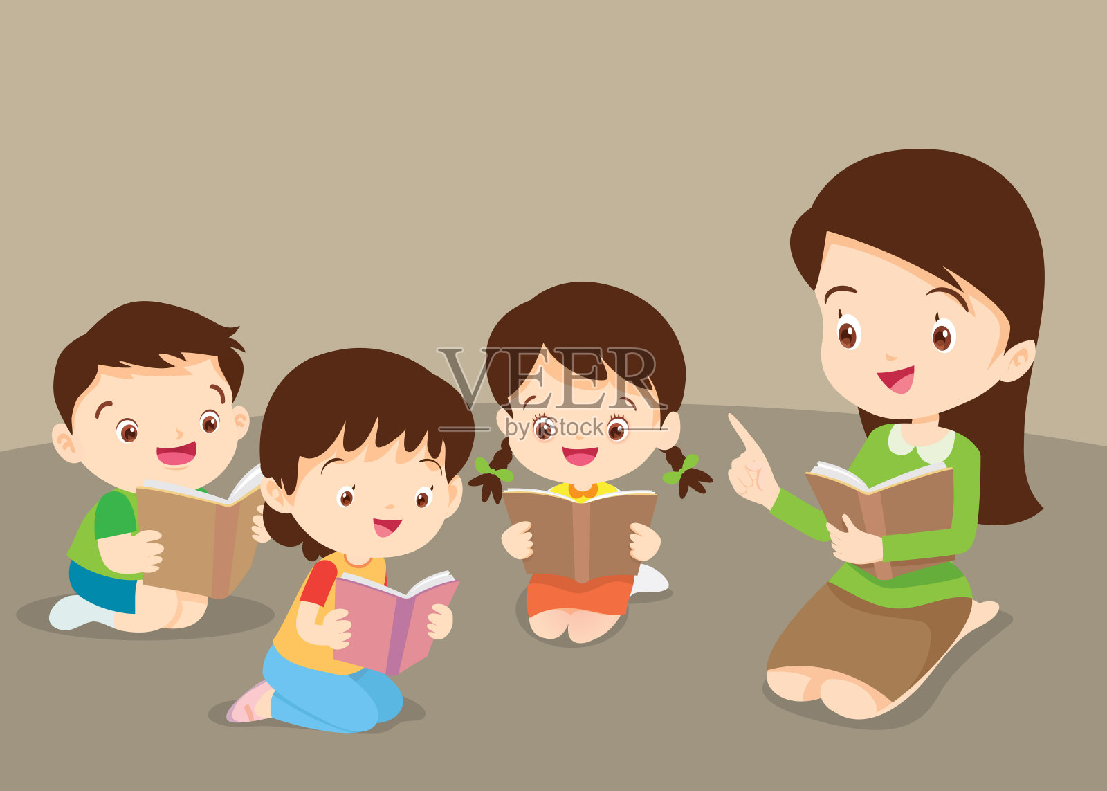 老师教可爱的儿童阅读书籍插画图片素材