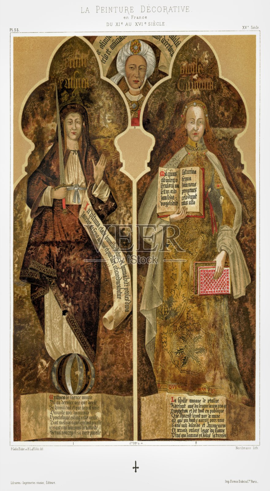 西比尔人物厄立特里亚和库梅在礼拜堂-Éloi，在亚安大教堂(索姆)，装饰油漆来自法国1896插画图片素材