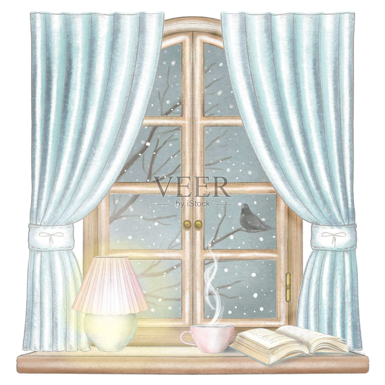 水彩和铅笔画构成与茶，发光的灯和书在窗户上与夜晚冬季景观插画图片素材